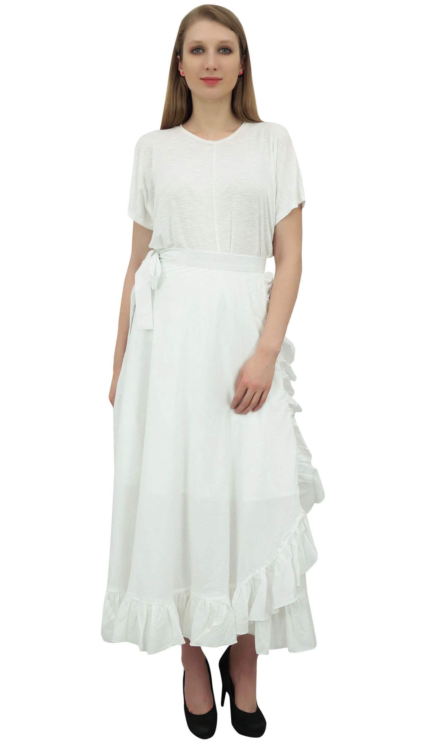 Women's Plus Size Solid Single Layer Cotton Magic Wrap Skirt - Flowy Ruffled Wrap Skirt for Casual Wear, Beach Cover-Up & Summer Outfits