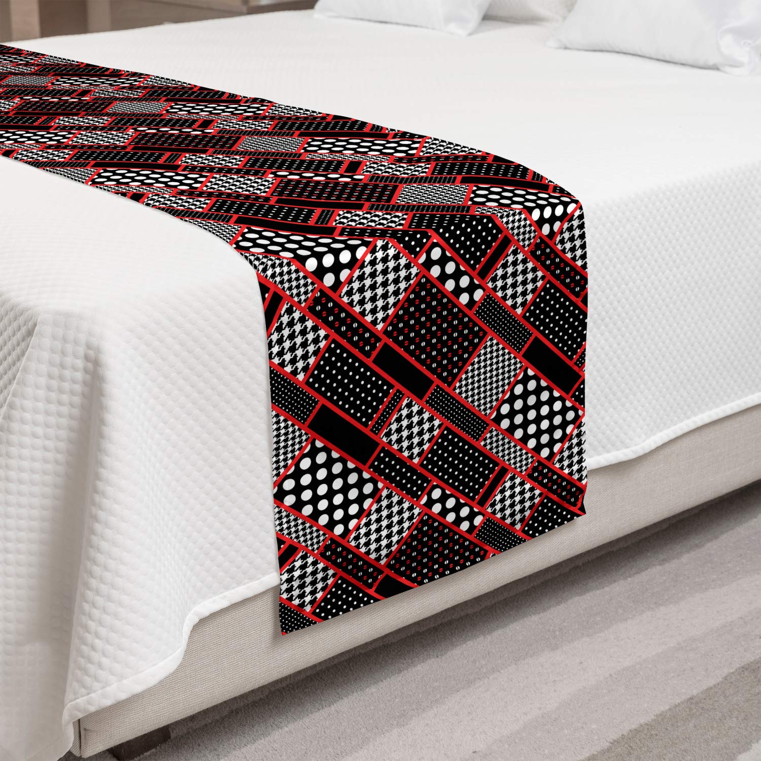 Ambesonne Red and Black Bed Runner - Geometric Retro Pattern with Polka Dots & Houndstooth Design - Decorative Bed Scarf for Queen & King Beds - Perfect for Hotels, Homes & Guest Rooms - Elegant Bedroom Decor for Modern & Vintage Styles