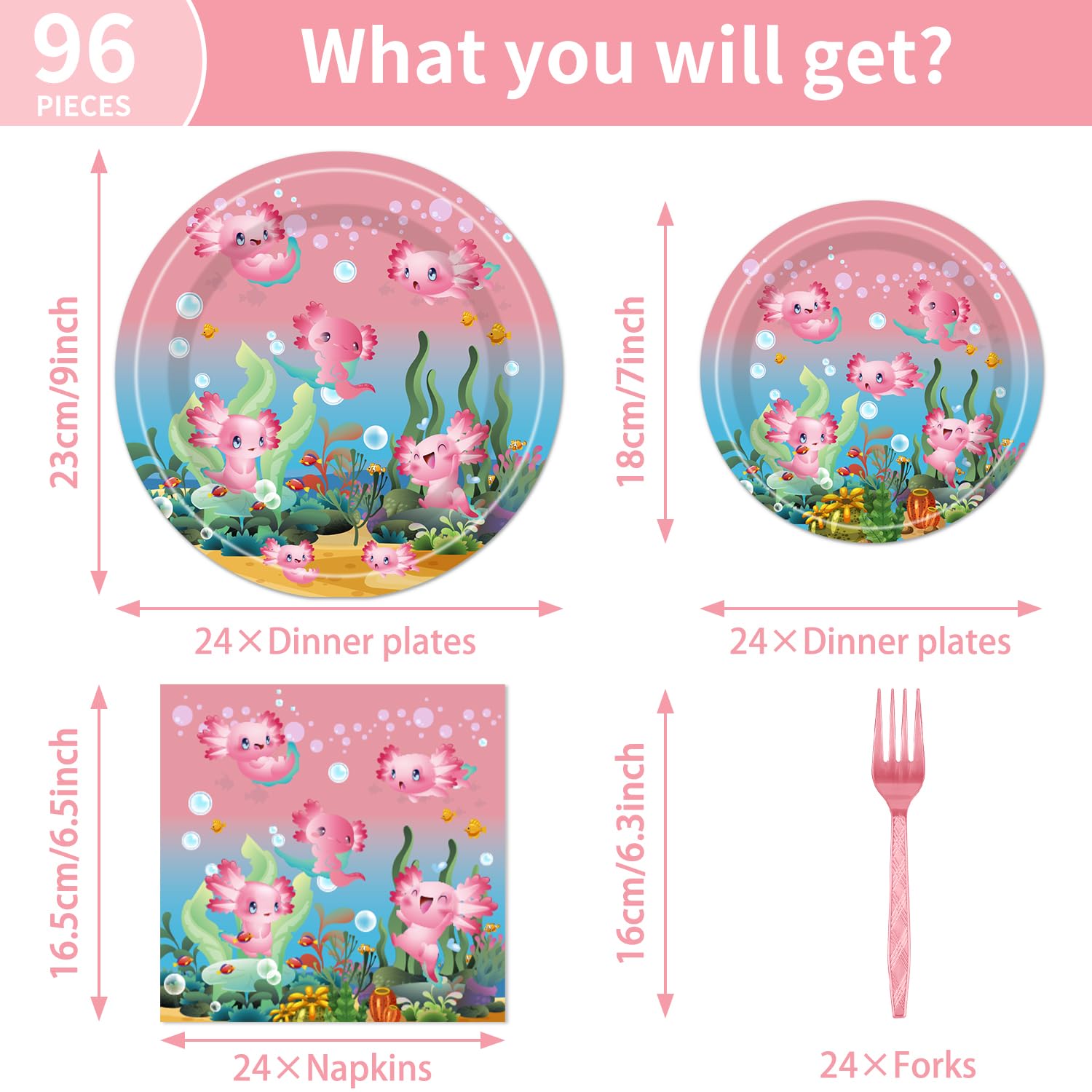 96pcs Pink Axolotl Party Supplies Set - Disposable Plates, Napkins, Forks for Birthday Decorations | Cute Reptile Animal Theme Tableware for Girls | Perfect for 24 Guests Birthday Parties & Baby Showers