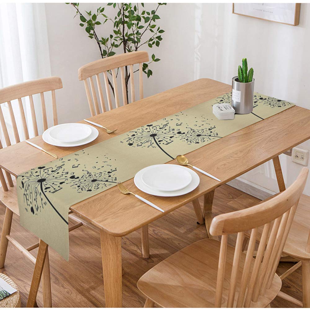 Swono Dandelion Music Notes Table Runner - Funny Abstract Cotton Linen Tablecloth with Hearts Design for Kitchen, Coffee Table, Dining Room - Non-Slip 14x72 Inches - Perfect for Dinner Parties, Tea Time & Home Decor