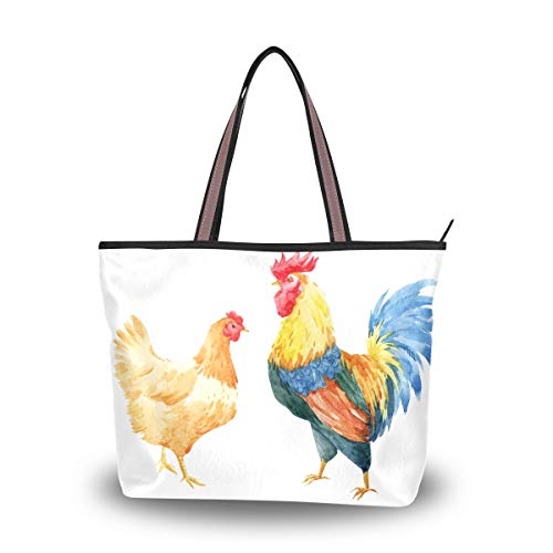 Large Women's Tote Bag with Zipper - Rooster Chicken Print Handbag for Work, Grocery Shopping & Travel | Durable Shoulder Bag with Handles