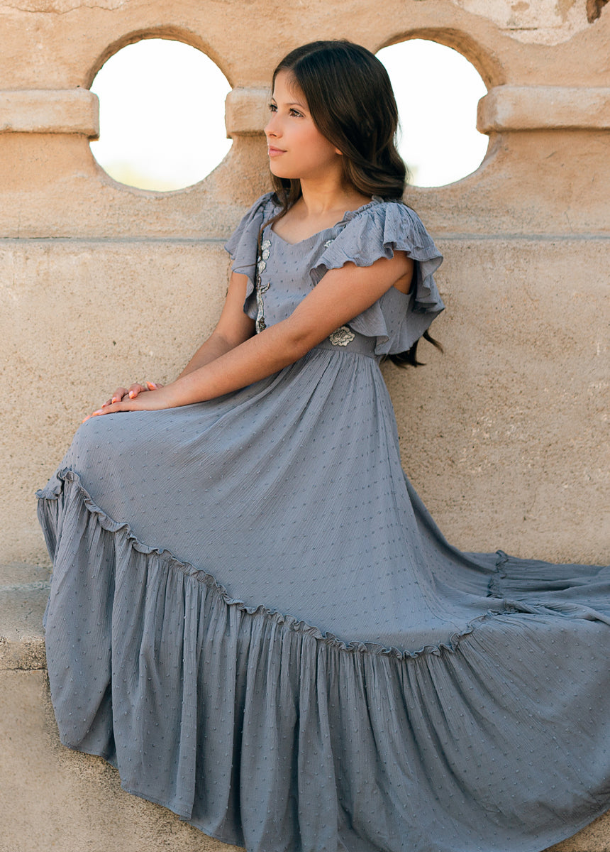 Dewi Women's Dusty Blue Flowy Midi Dress - Elegant Casual & Party Wear for Summer, Weddings, and Special Occasions