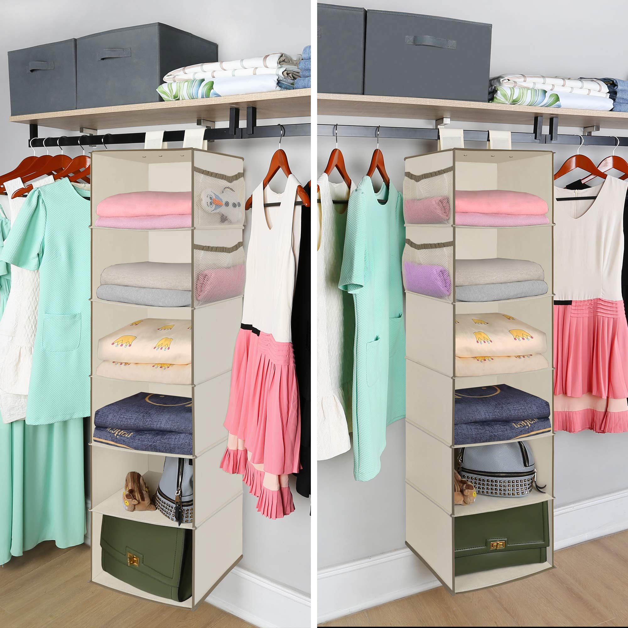 MAX Houser 6-Tier Hanging Closet Organizer Shelf with 2 Heavy-Duty Hooks - Foldable Space-Saving Storage for Clothes, Shoes & Accessories - Perfect for Bedroom, Dorm, Apartment Organization (Beige)