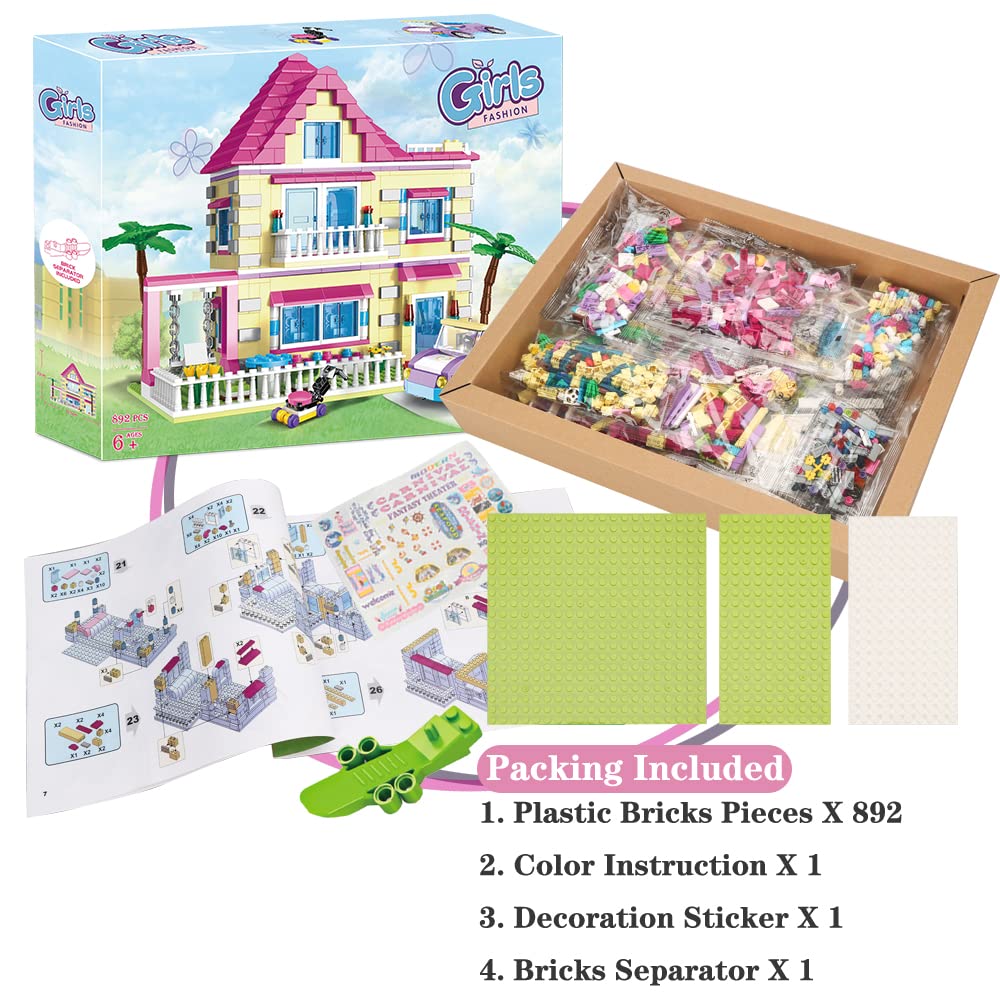 **BRICK STORY Girls Friends House Building Kit - 892 PCS Big Villa Building Blocks, City Family Beach House Model Toy Set with 4 Mini Figures & Car - Creative Play for Kids Ages 6+ | Perfect for Indoor Play, Birthday Gifts & STEM Learning**