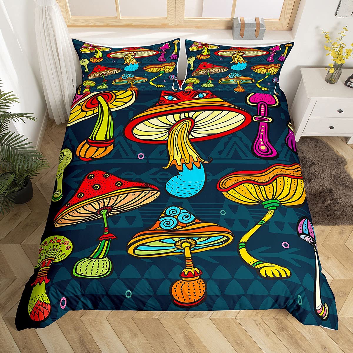 Exotic Japanese Style Mushroom Duvet Cover Set - Colorful Golden Pattern Vintage Luxury Bedding for Teens & Kids (Twin Size) | Hippie Theme Cartoon Plant Quilt with Zipper Closure | Perfect for Bohemian Bedrooms, Dorm Decor & Unique Gift Ideas