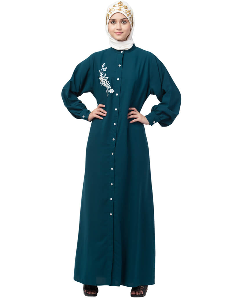 Elegant Teal Arabic Front Open Side Embroidered Contrast Button Abaya Dress for Women - Perfect for Eid, Weddings & Special Occasions