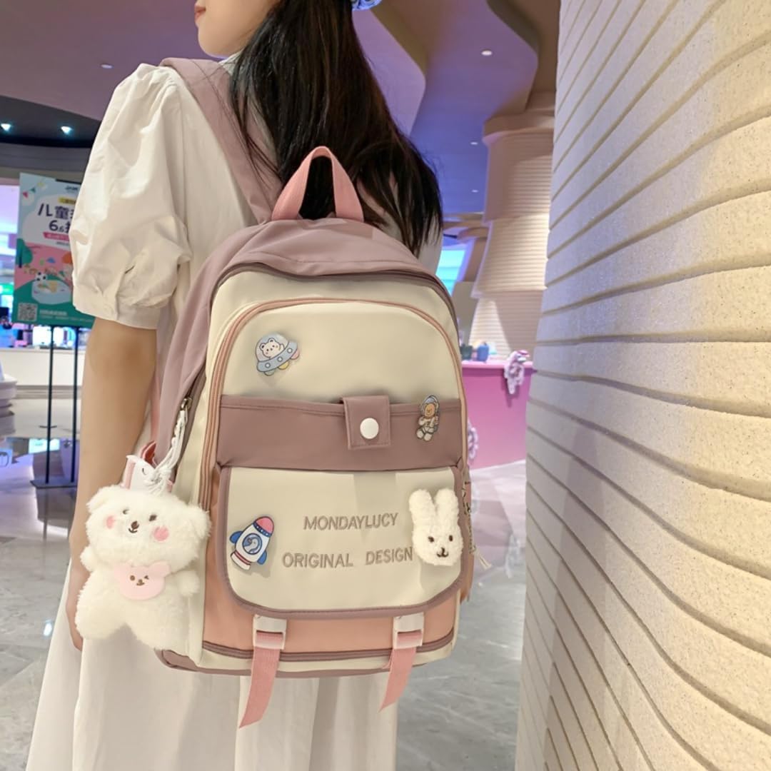 Kawaii Cute Backpack for School - Aesthetic Pink Backpack with Accessories | Girls' School Supplies, College, Travel & Everyday Use