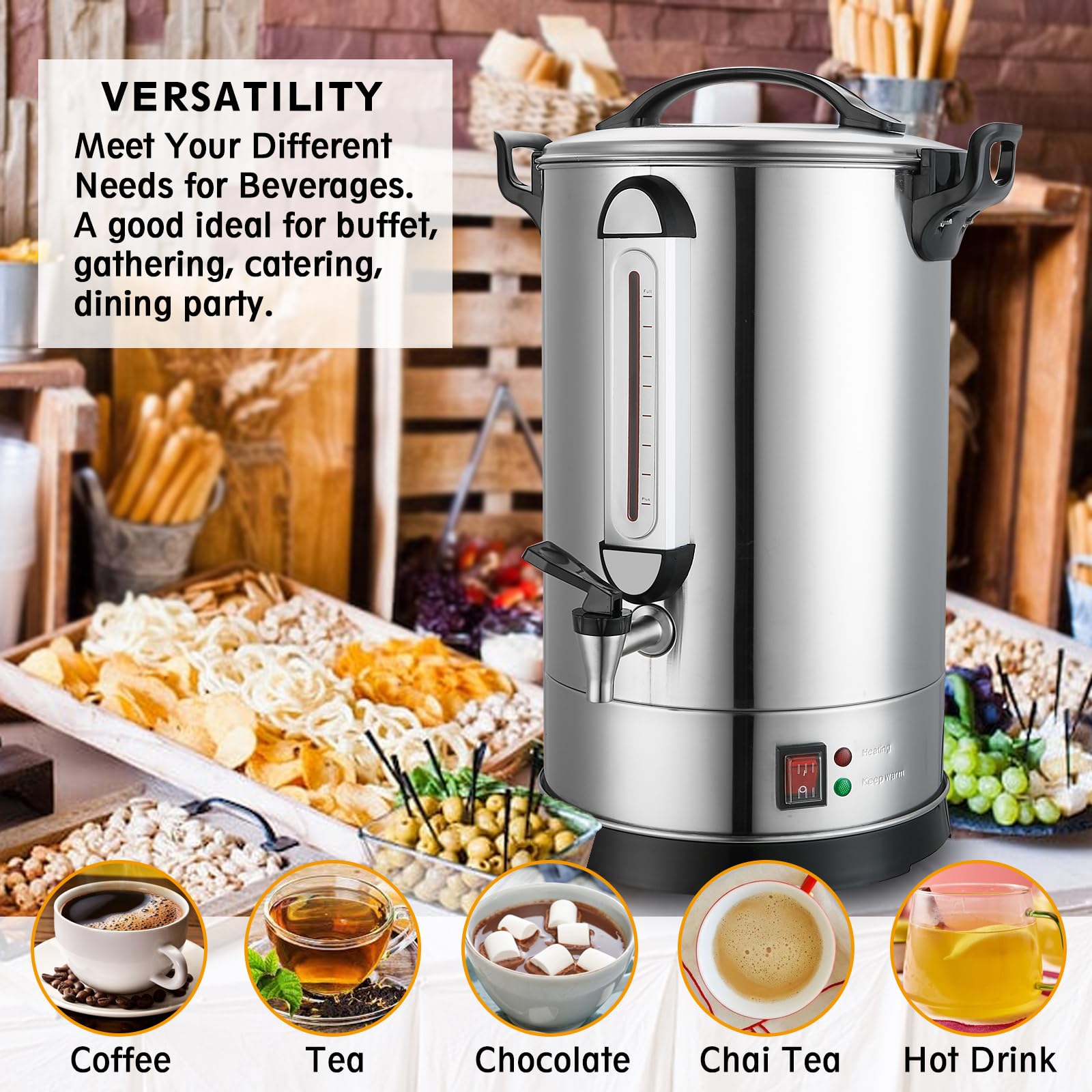 100 Cup Commercial Coffee Urn - Stainless Steel Industrial Hot Beverage Dispenser & Percolator - 1300W Catering Coffee Maker for Events, Parties, Restaurants & Large Gatherings - Perfect for Wedding Receptions, Office Meetings & Church Functions