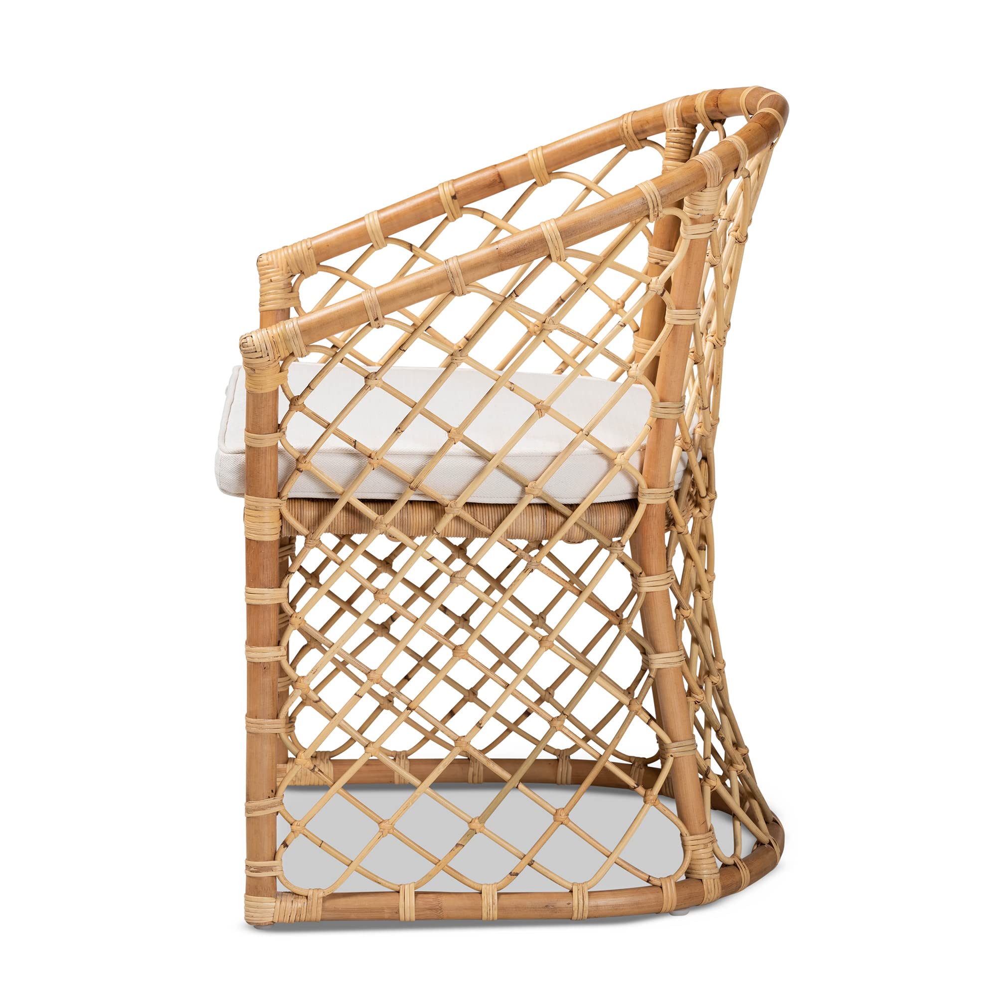 Baxton Studio Orchard Dining Chair - White Fabric Upholstered with Natural Brown Rattan - Modern Kitchen & Dining Room Furniture for Home Decor