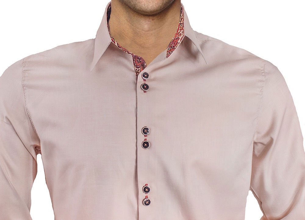 Premium Tan & Maroon Paisley Pattern Dress Shirt for Men - 100% Cotton Formal Business Attire - Handcrafted in USA - Perfect for Office, Weddings & Special Occasions