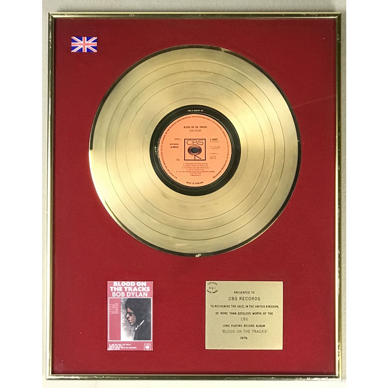 Bob Dylan Blood On The Tracks BPI Gold LP Award - Rare Vinyl Record Collector's Edition for Music Enthusiasts & Home Decor