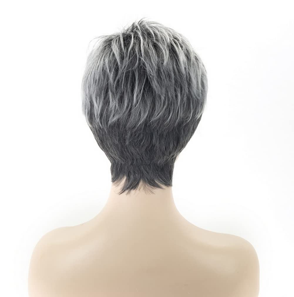 Grey Wig with Oblique Bangs - Fluffy Short Hair Black to Silver Gradient Wig for Women | Natural Daily Use Wig for Girls & Middle-Aged Women | Perfect for Cosplay, Parties & Everyday Styling