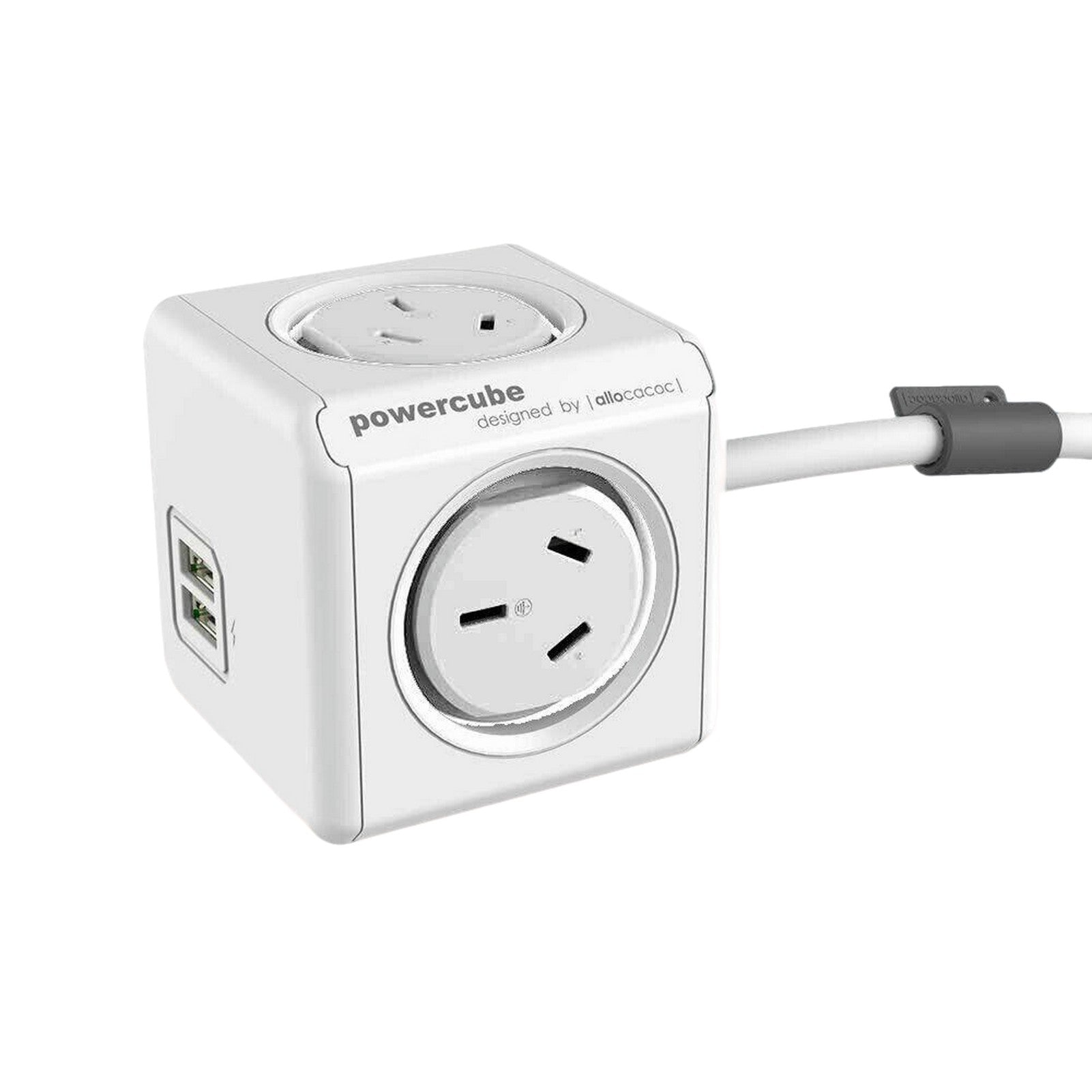 Allocacoc PowerCube with 4 Outlets & 2 USB Ports - 1.5m White Extension Cord for Home, Office, and Travel Charging Needs