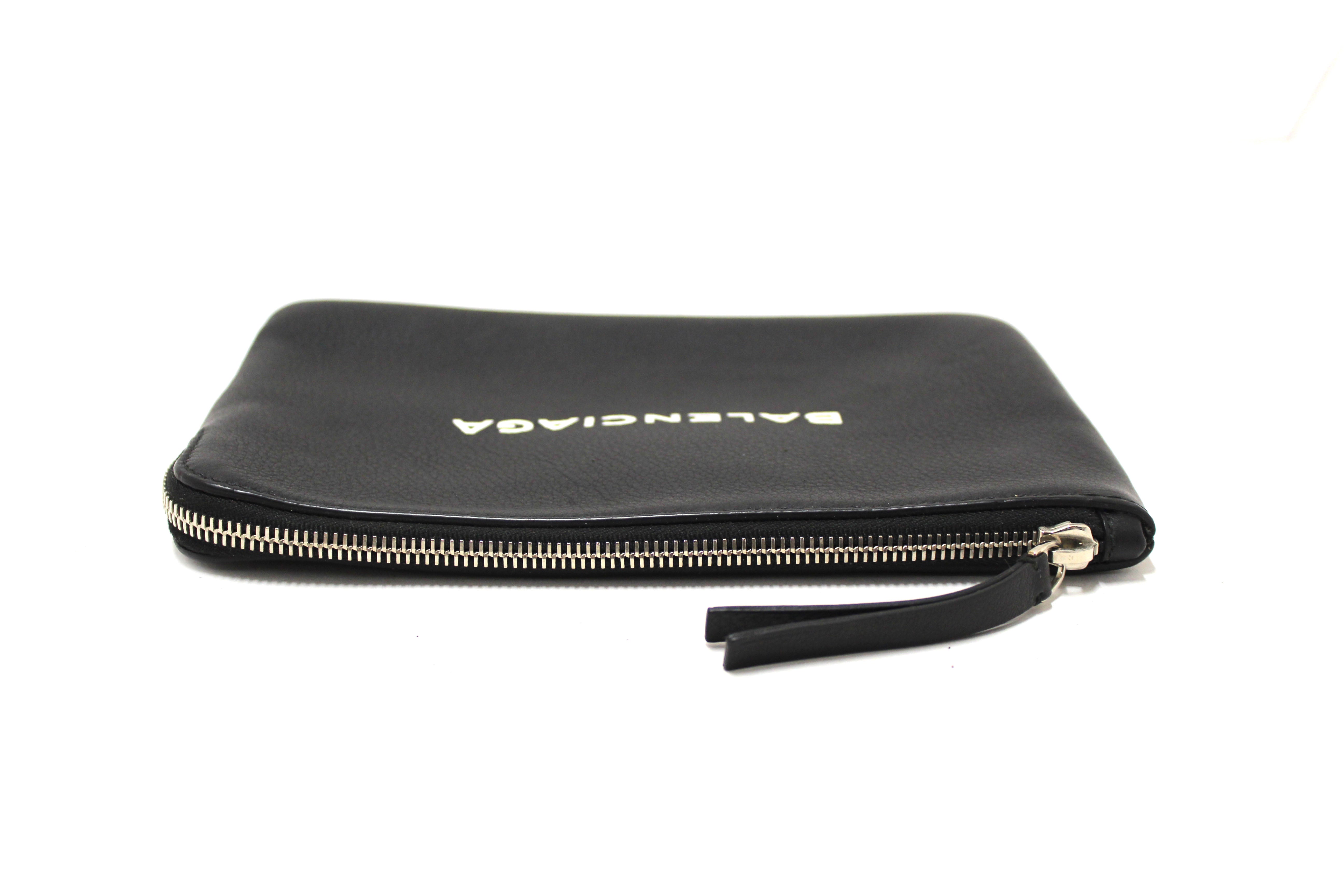Balenciaga Black Leather Logo Medium Everyday Pouch Clutch Bag for Women | Luxury Designer Handbag for Parties, Work & Evening Events