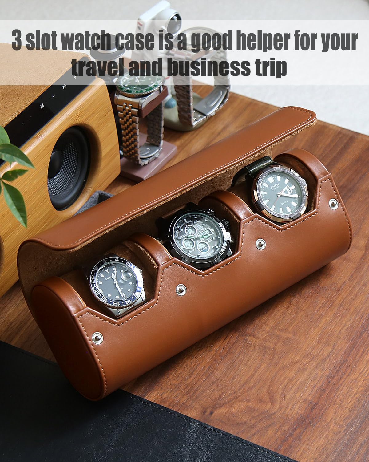 Premium Men's Watch Box Organizer - Portable Travel Watch Case with Velvet Lining for 3 Watches - Large Watch Storage Display (Light Brown) - Perfect for Travel, Home Display & Watch Collection Organization