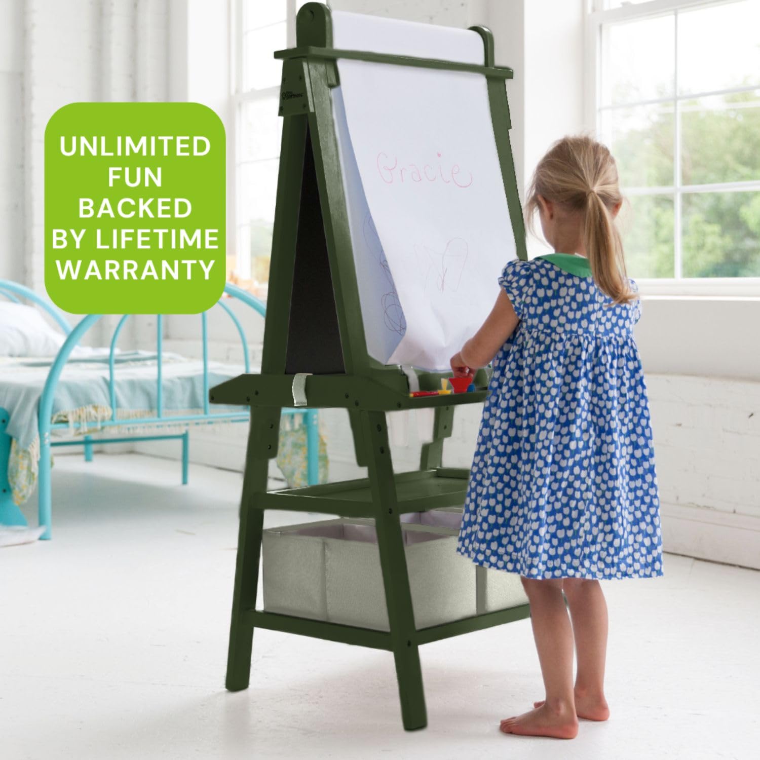 Little Partners Deluxe Learn 'N Play Toddler Easel - 2-Sided Kids Art Center with Chalkboard & Magnetic Whiteboard | Paper Roll, Storage Bins & Paint Cups | Perfect for Home, Preschool & Daycare (Olive Green)