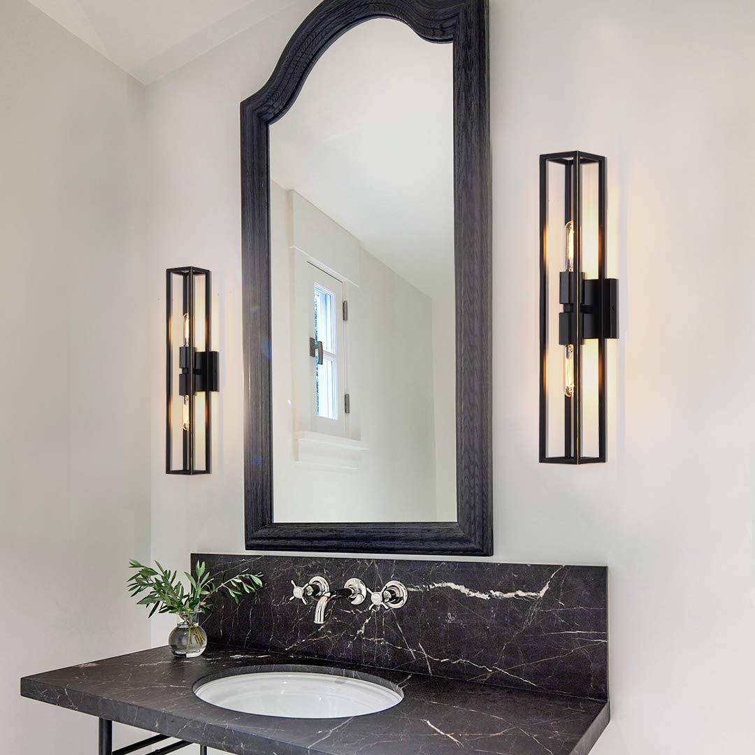 Black Metal Frame Wall Sconce with 2 Bulbs - Square Symmetrical Rectangular Vanity Light for Bathroom, Gallery, Entryway & Salon - Perfect for Modern Home Decor and Ambient Lighting