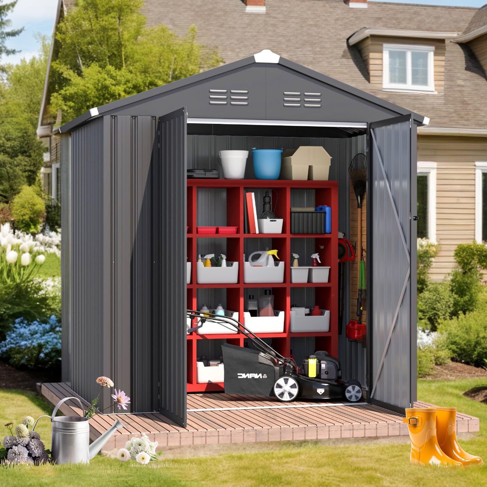 AECOJOY 6' x 4' Dark Grey Metal Storage Shed - Outdoor Utility & Garden Shed with Lockable Doors for Backyard, Patio, Lawn Equipment & Tool Organization | Weatherproof & Durable for Year-Round Use