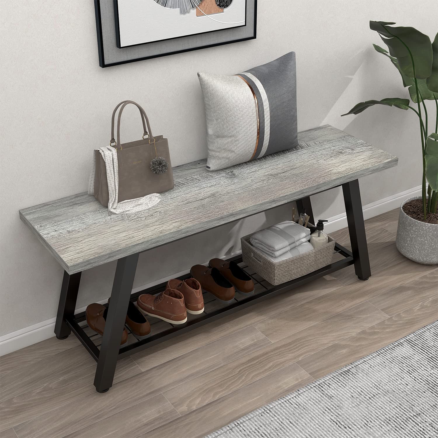 Rustic Grey Storage Bench - Industrial Wooden & Metal Entryway Shoe Organizer, Long Hallway Seat for Bedroom, Farmhouse Style | Perfect for Small Spaces, Mudroom, Living Room & Home Decor