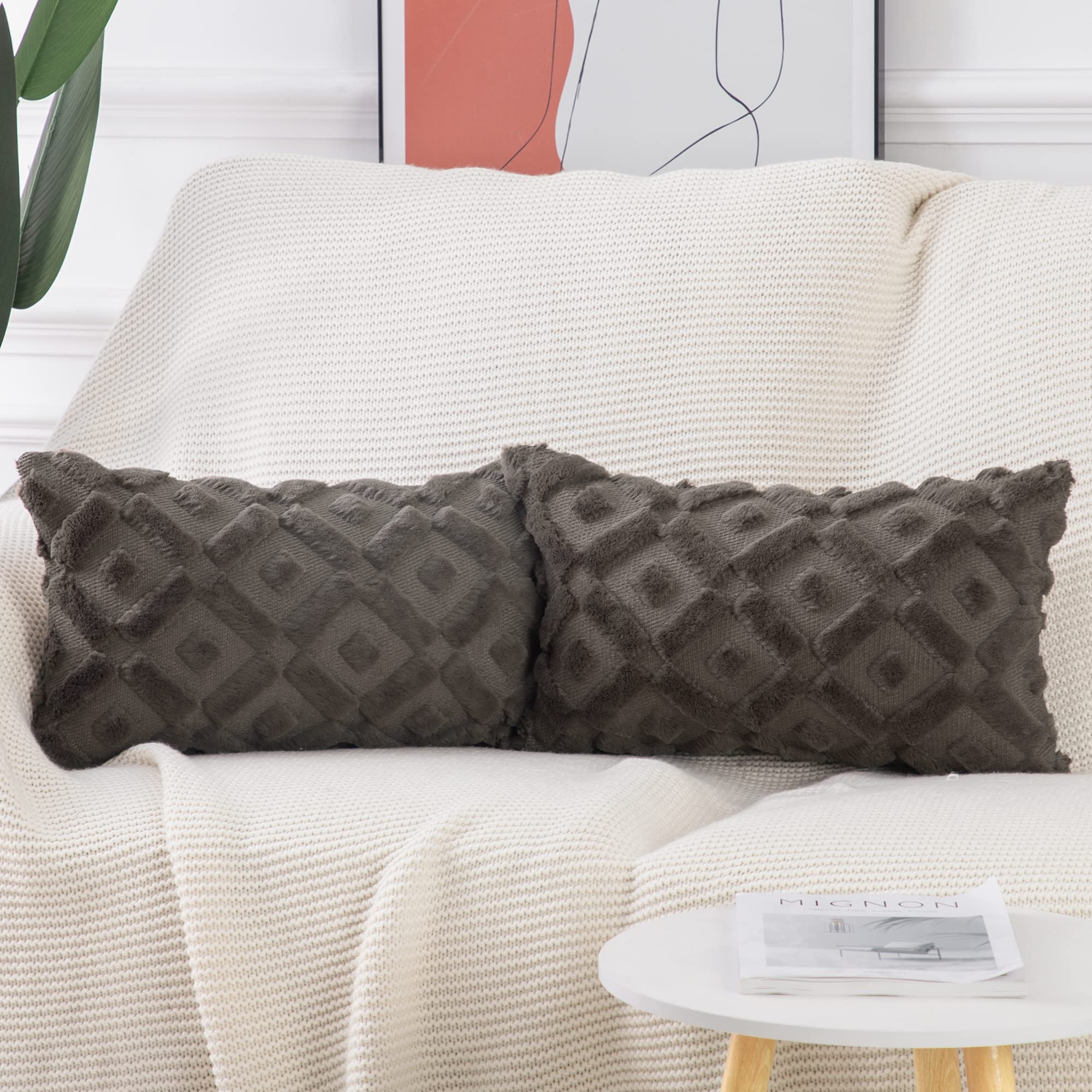 Premium Set of 2 Taupe Plush Wool Throw Pillow Covers 12x20 Inch - Soft Velvet Rectangular Cushion Covers for Sofa, Bed & Living Room Decor | Cozy Home Accessories for Winter Comfort