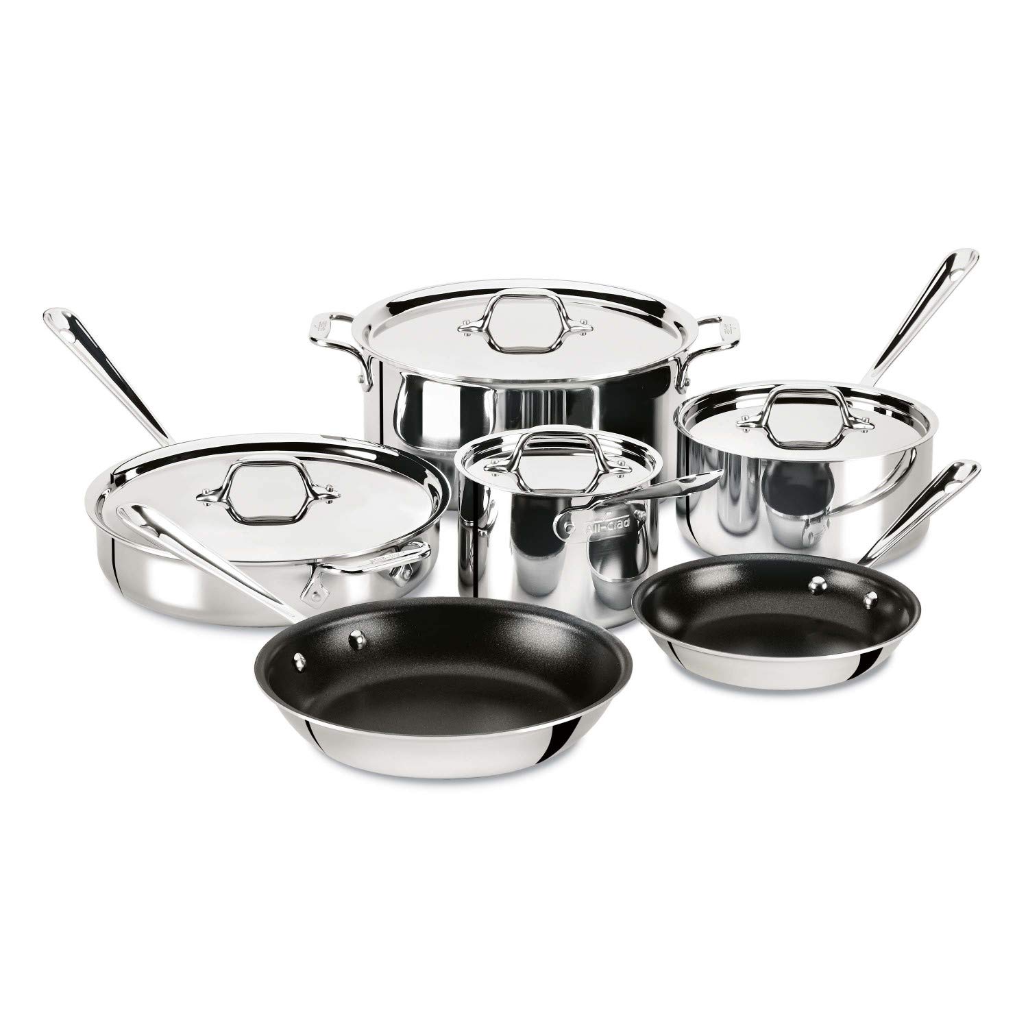 All-Clad D3 3-Ply Stainless Steel Non Stick Cookware Set - 10 Piece Induction Compatible Kitchen Cooking Set with Frying Pans, Saucepans, Saute Pan, Stockpot & Lids - Oven & Broiler Safe to 600°F - Perfect for Home Chefs, Professional Kitchens & Gourmet Cooking