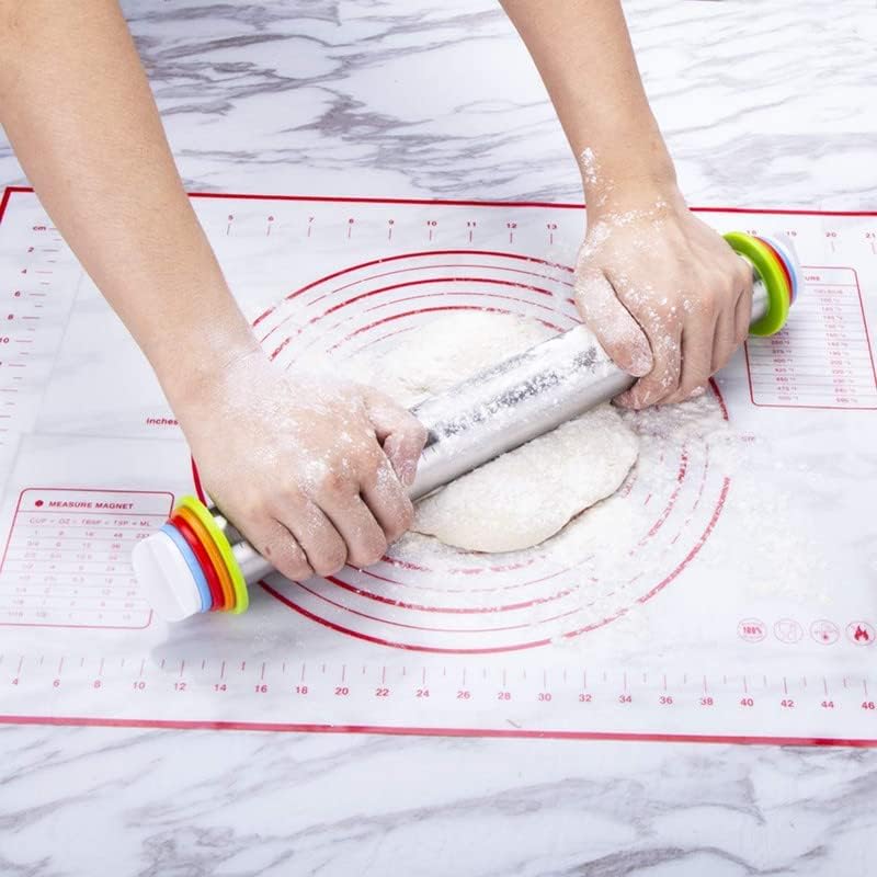Stainless Steel Rolling Pin for Baking with Thickness Rings, Non-Stick Rolling Mat & Cleaning Brush - 17 Inch Professional Dough Roller for Pizza, Pie, Pastry, Cookies | Perfect for Home Bakers & Commercial Kitchens