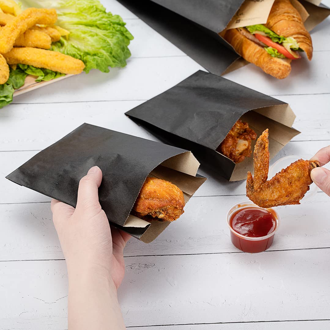 100-Pack Disposable Black Kraft Paper Snack Bags 4.3x1.5x6.3 Inch - Greaseproof Food Bags for French Fries, Popcorn, Cookies | Eco-Friendly Takeout Bags for Restaurants, Cafes & Movie Nights
