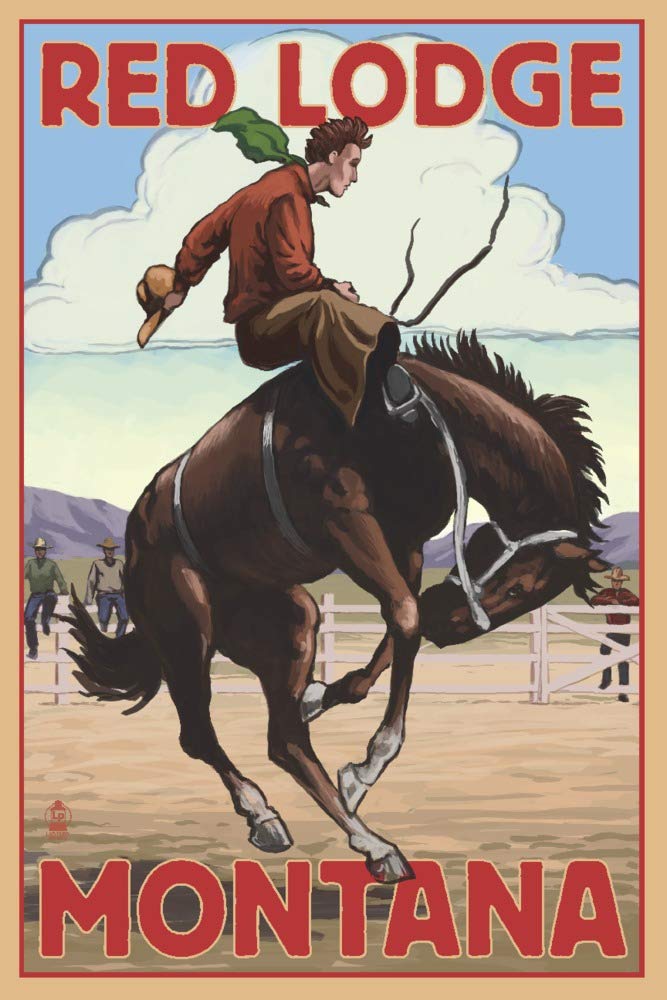 Signed 24x36 Red Lodge Montana Cowboy & Bronco Art Print - Western Wall Decor Poster for Home, Office or Ranch Style Interior Design