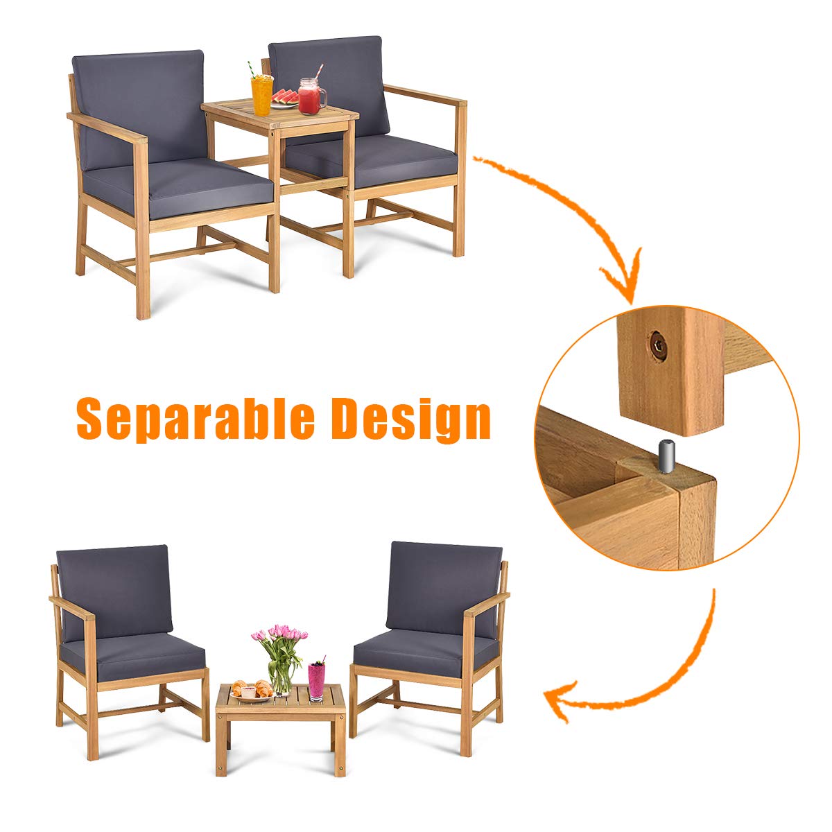 Tangkula 3-in-1 Acacia Wood Loveseat with Removable Coffee Table - 3-Piece Outdoor Patio Furniture Set with Cushions - 2-Seater Garden Bench for Backyard, Balcony, Poolside & Deck (Natural Teak) - Perfect for Relaxing, Entertaining & Outdoor Dining