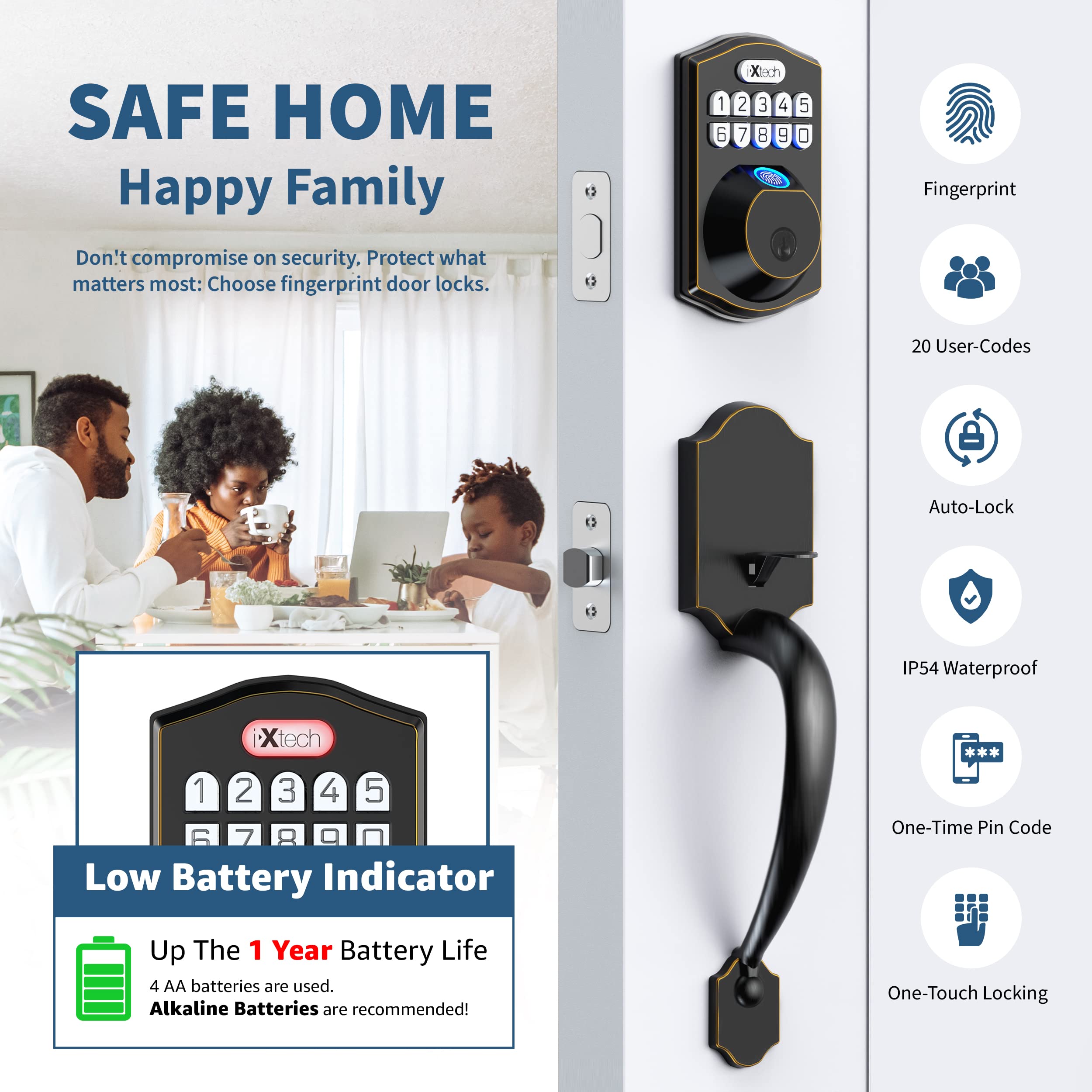 IXTECH Smart Fingerprint Door Lock Set - Keyless Entry Deadbolt with Handle, Auto Lock, Keypad & 2 Keys - Oil Bronze Finish for Home Front Door Security (Perfect for Apartments, Offices & Vacation Homes)