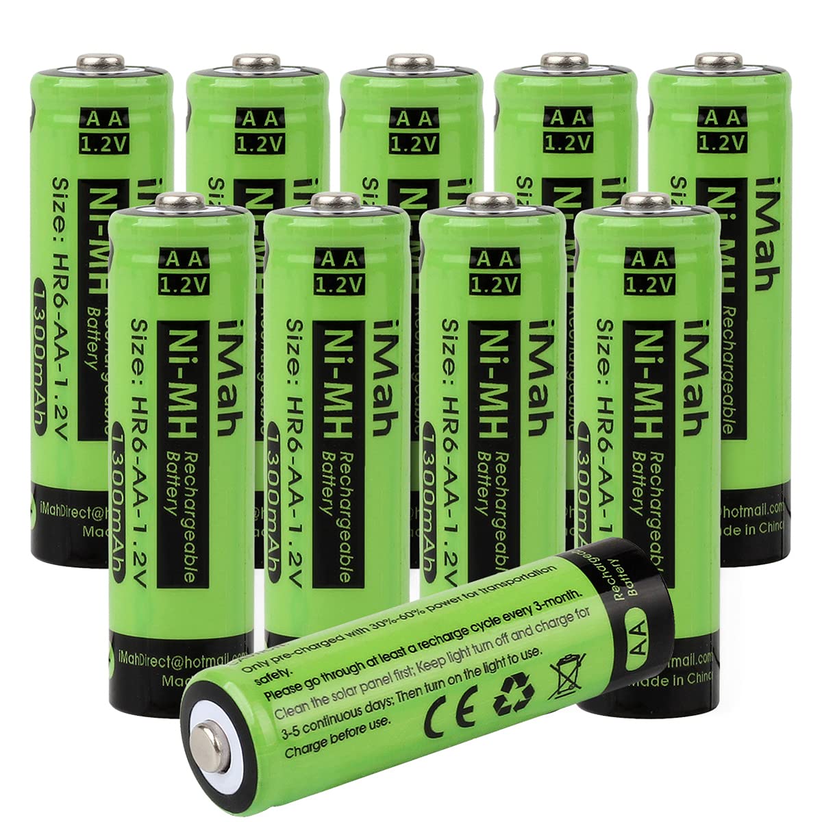 iMah 10-Pack AA Rechargeable Batteries 1.2V 1300mAh Ni-MH - Solar Lights, Garden Lamps, Remote Controls, Computer Mice & Household Devices - Long Lasting Power for Outdoor & Indoor Use