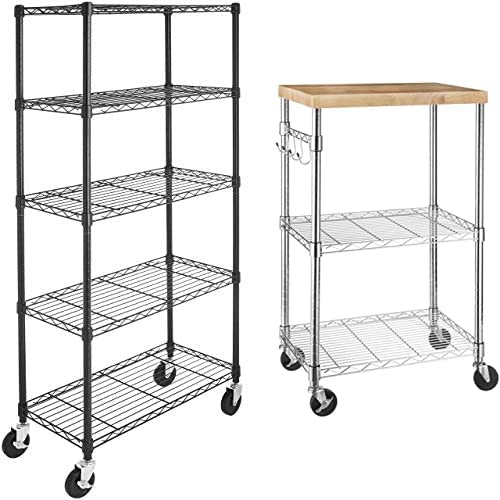 Amazon Basics 5-Tier Rolling Microwave Cart with Wheels - Wood & Chrome Kitchen Storage Rack, Metal Wire Shelving Unit with 4
