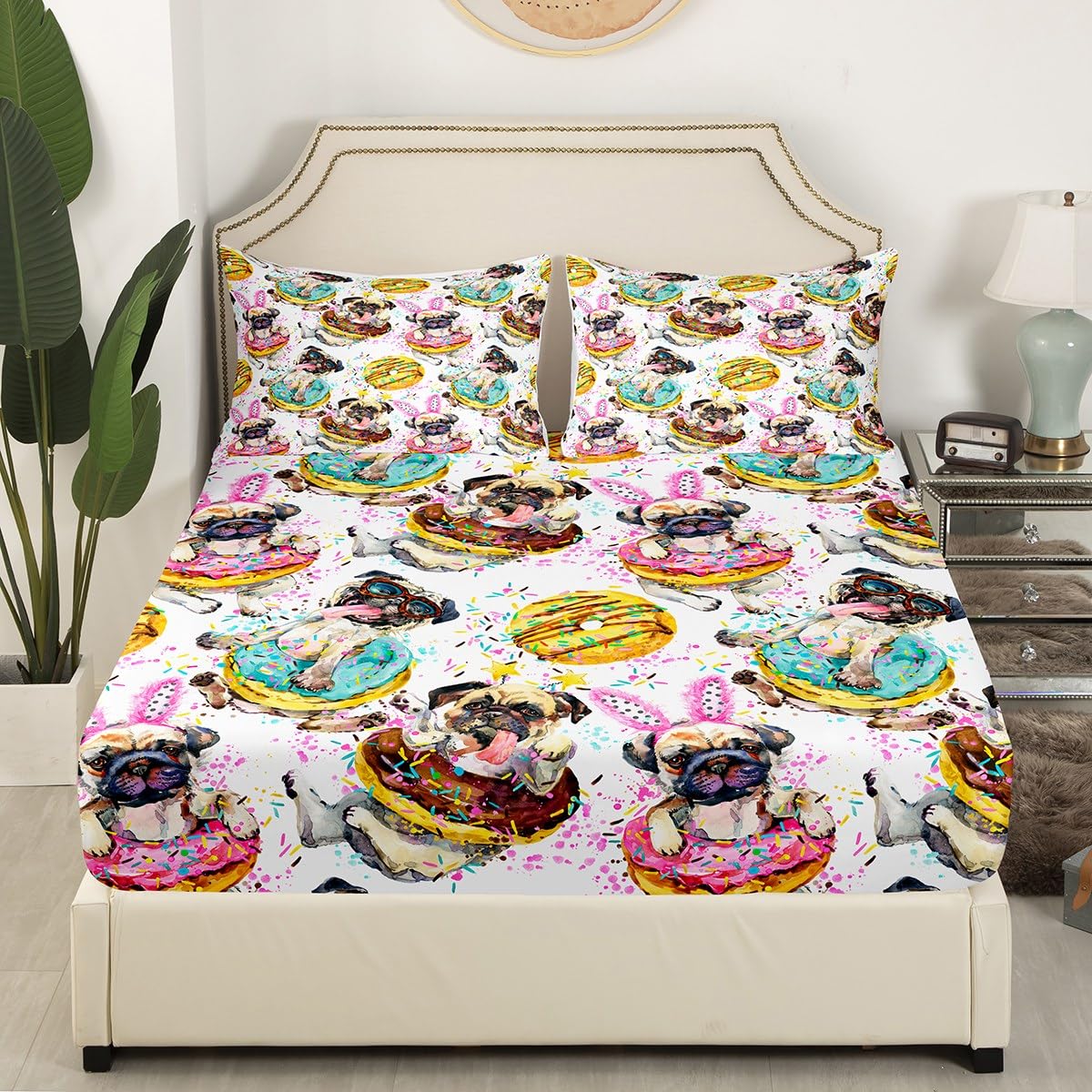 **Erosebridal Dog Bedding Set - Deep Pocket Dessert Donuts Fitted Sheet for Kids, Boys & Girls - Cute Puppy Twin XL Sheet Set with Pug Animal Confetti (2-Piece Set, 1 Pillowcase, No Flat Sheet) - Perfect for Kids' Rooms, Themed Bedrooms & Pet Lovers**