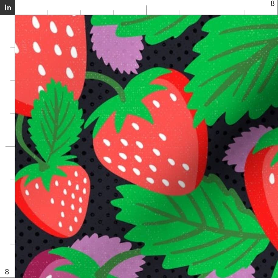 Strawberry Grove Black Bloom Leaves Fruit Berries Printed Denim Fabric by The Yard - Spring Summer Garden Design for Apparel, Home Decor & Upholstery | DIY Sewing, Curtains, Tablecloths & Craft Projects