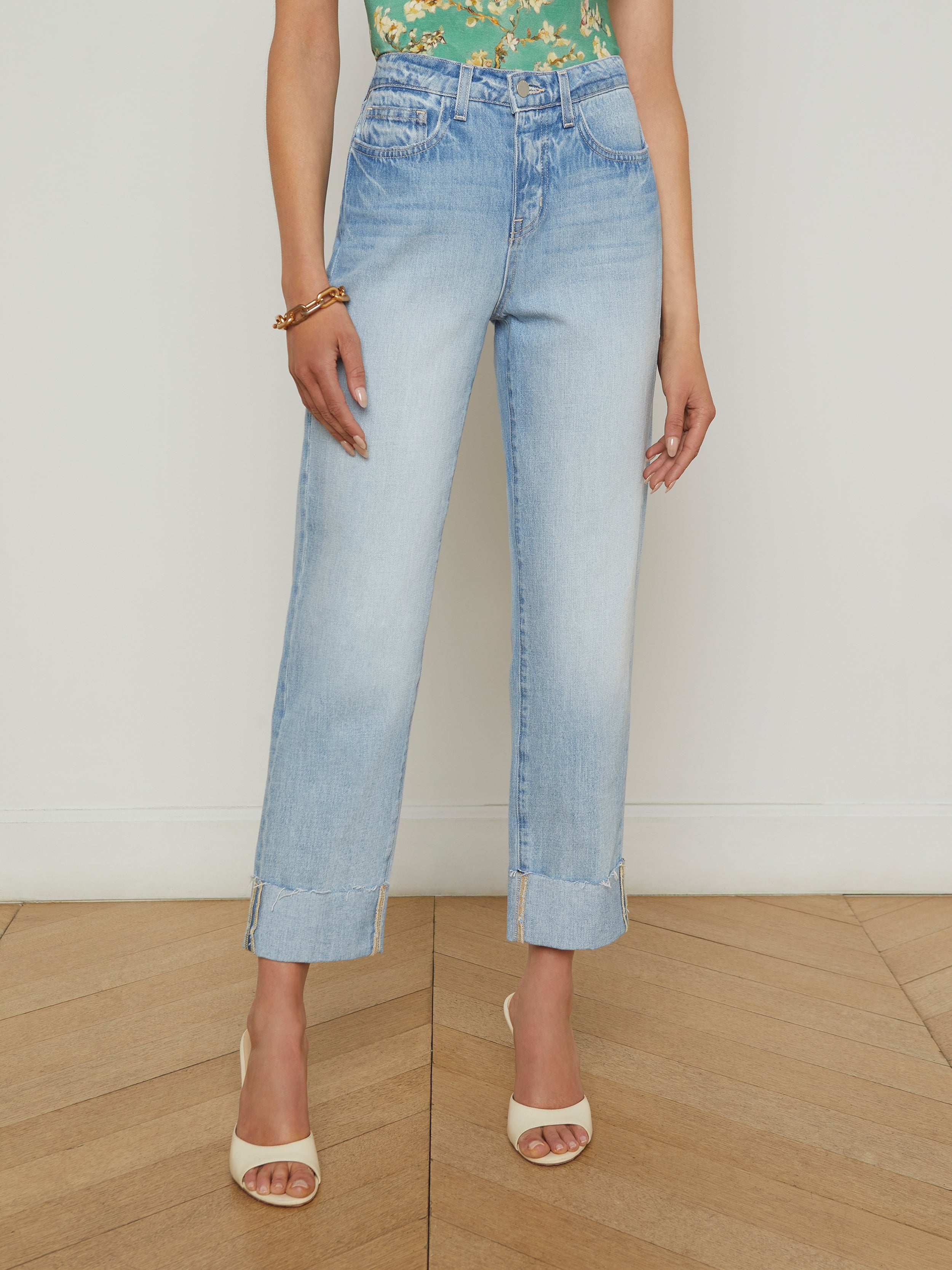 Maribel Women's Cuffed Straight Leg Jeans - High Waist Stretch Denim Pants for Casual Wear & Everyday Outfits