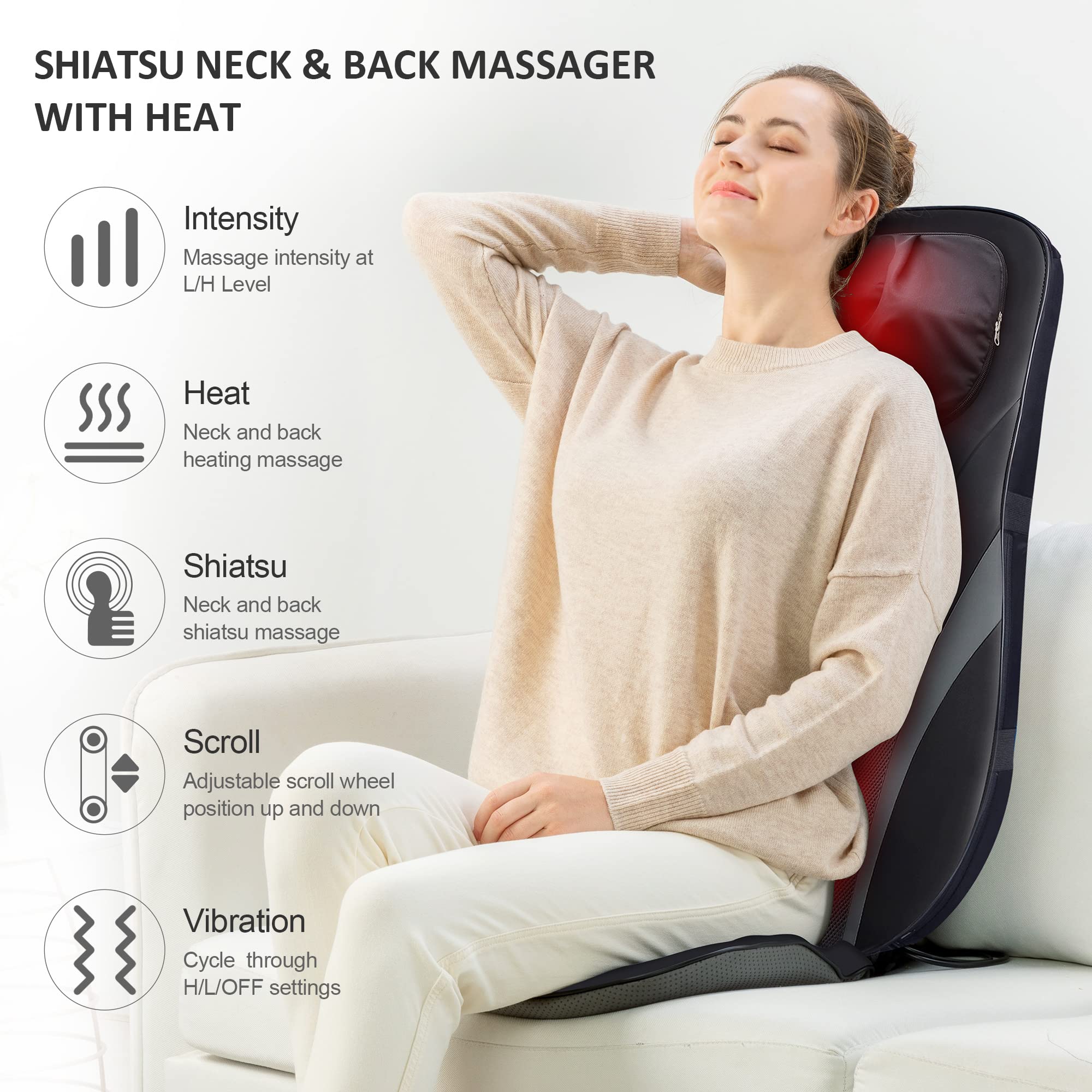 Snailax Shiatsu Neck and Back Massager with Heat - Adjustable Height Massage Chair Pad for Full Back Kneading & Rolling - Perfect Gift for Men & Women - Relieve Stress at Home, Office, or Car