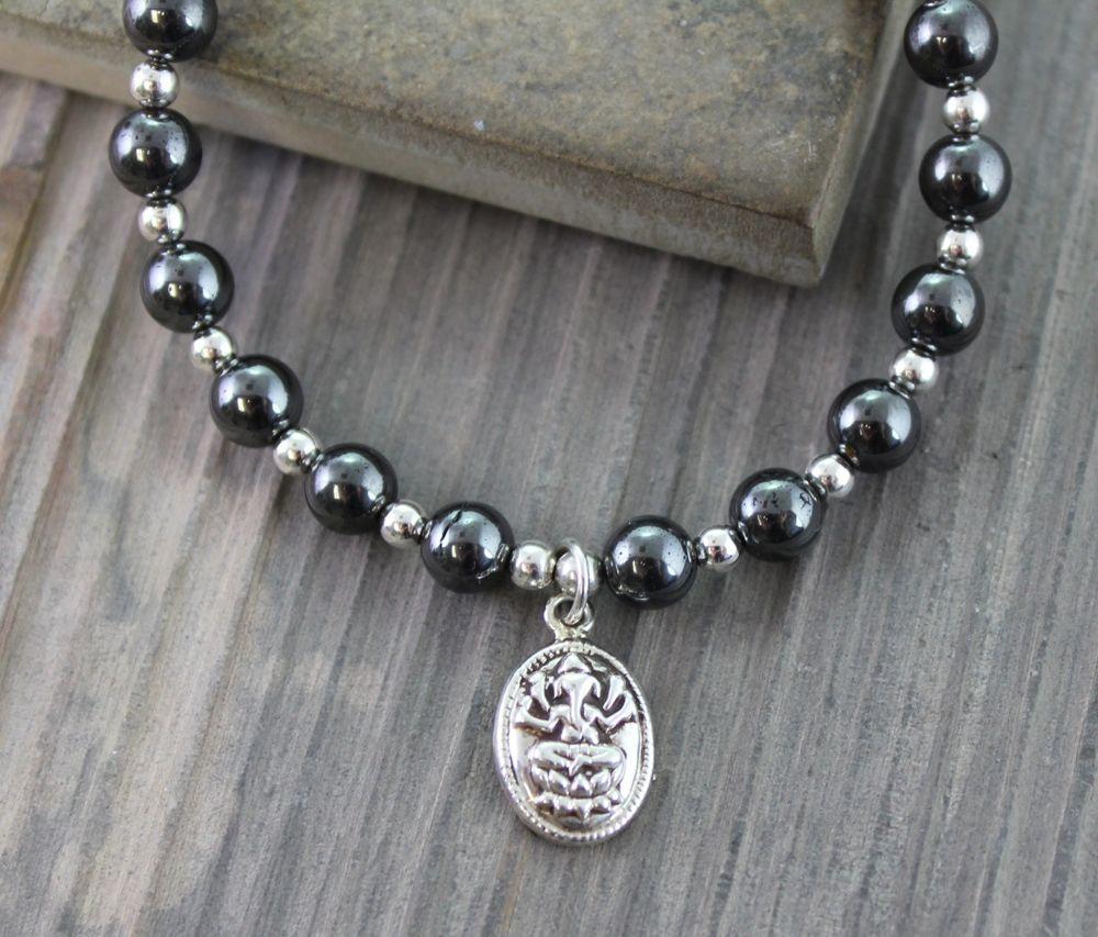 Authentic Hematite Silver Ganesh Wrist Mala Beads - Spiritual Meditation Bracelet for Yoga, Prayer & Positive Energy (108 Beads)