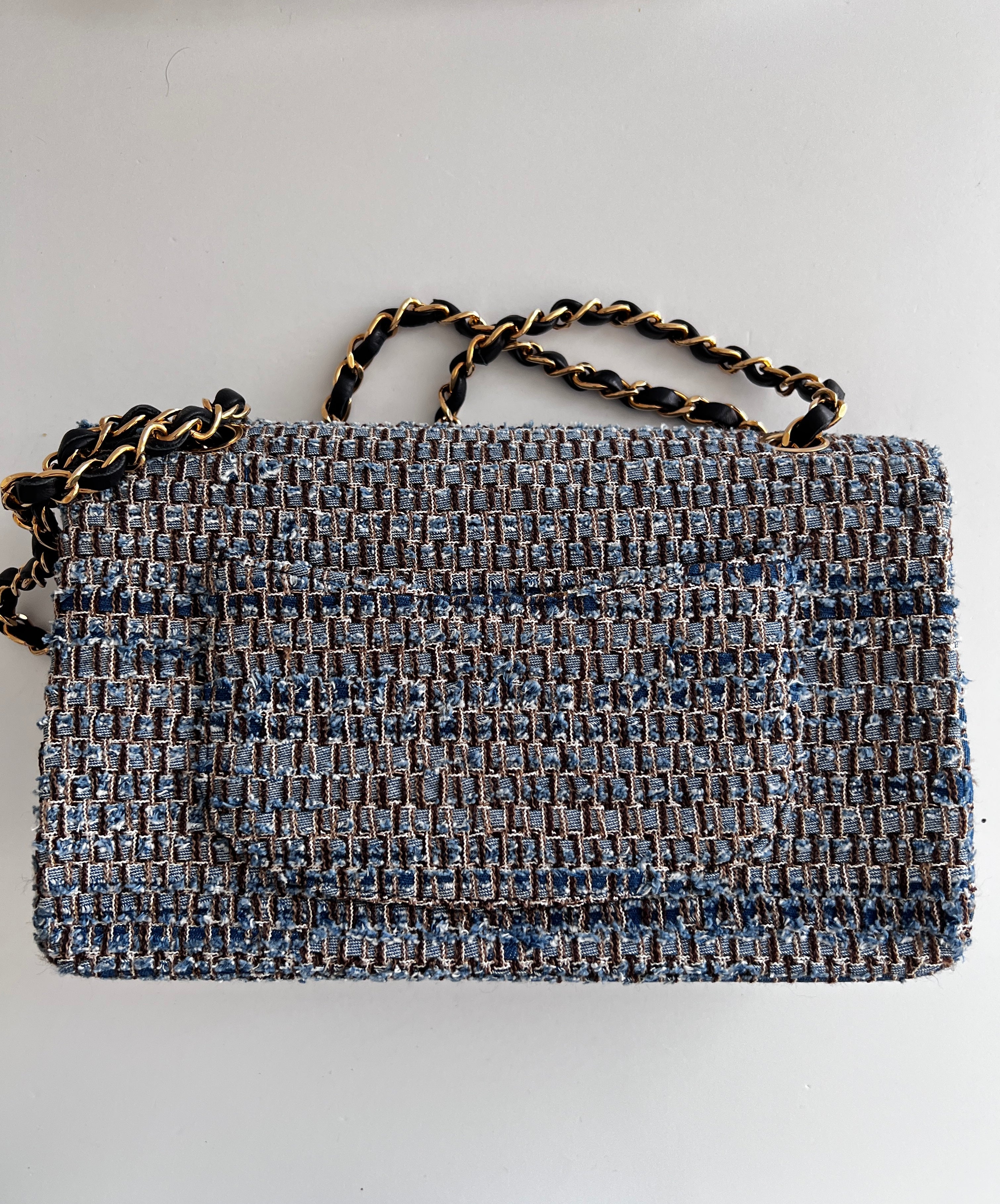 Vintage Chanel Medium Blue Tweed Double Flap Bag - Authentic Pre-Owned Luxury Handbag for Women | Perfect for Parties, Weddings & Special Occasions