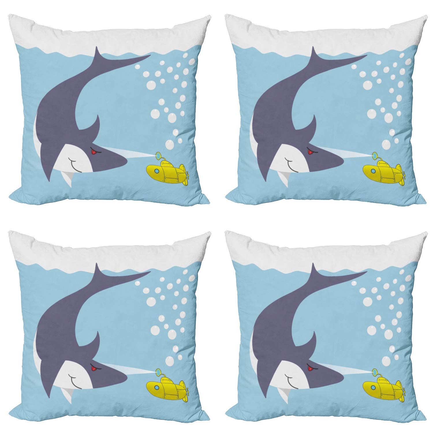 Ambesonne Yellow Submarine Decorative Throw Pillow Covers Pack of 4 - Shark & Vessel Ocean Bubbles Underwater Theme Cartoon Animals - 18 Inch Blue Grey Yellow Cushion Covers for Sofa, Living Room & Car - Perfect for Home Decor, Nautical Theme & Gift Giving