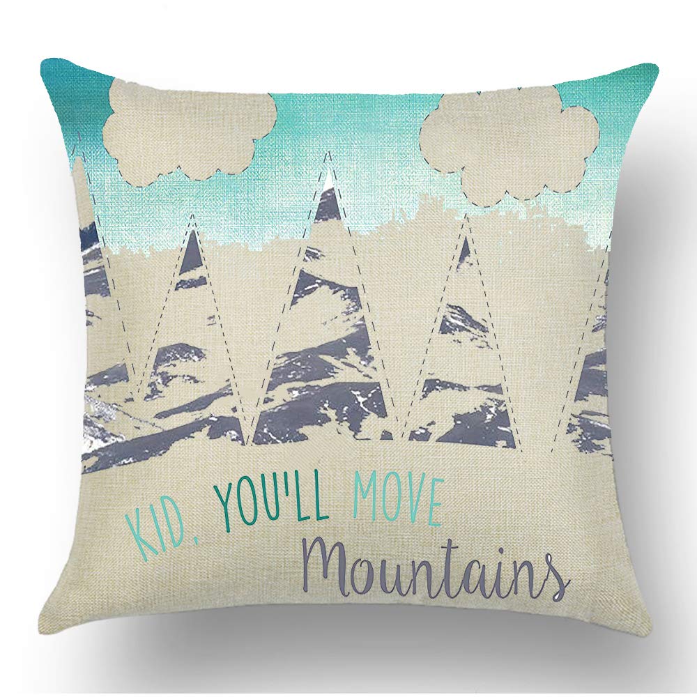 Hand Painted Blue Word Art Cotton Linen Throw Pillow Cover 18x18 Inches - Inspirational 'You'll Move Mountains' Quote - Perfect for Living Room Sofa, Bedroom Decor & Gift Giving