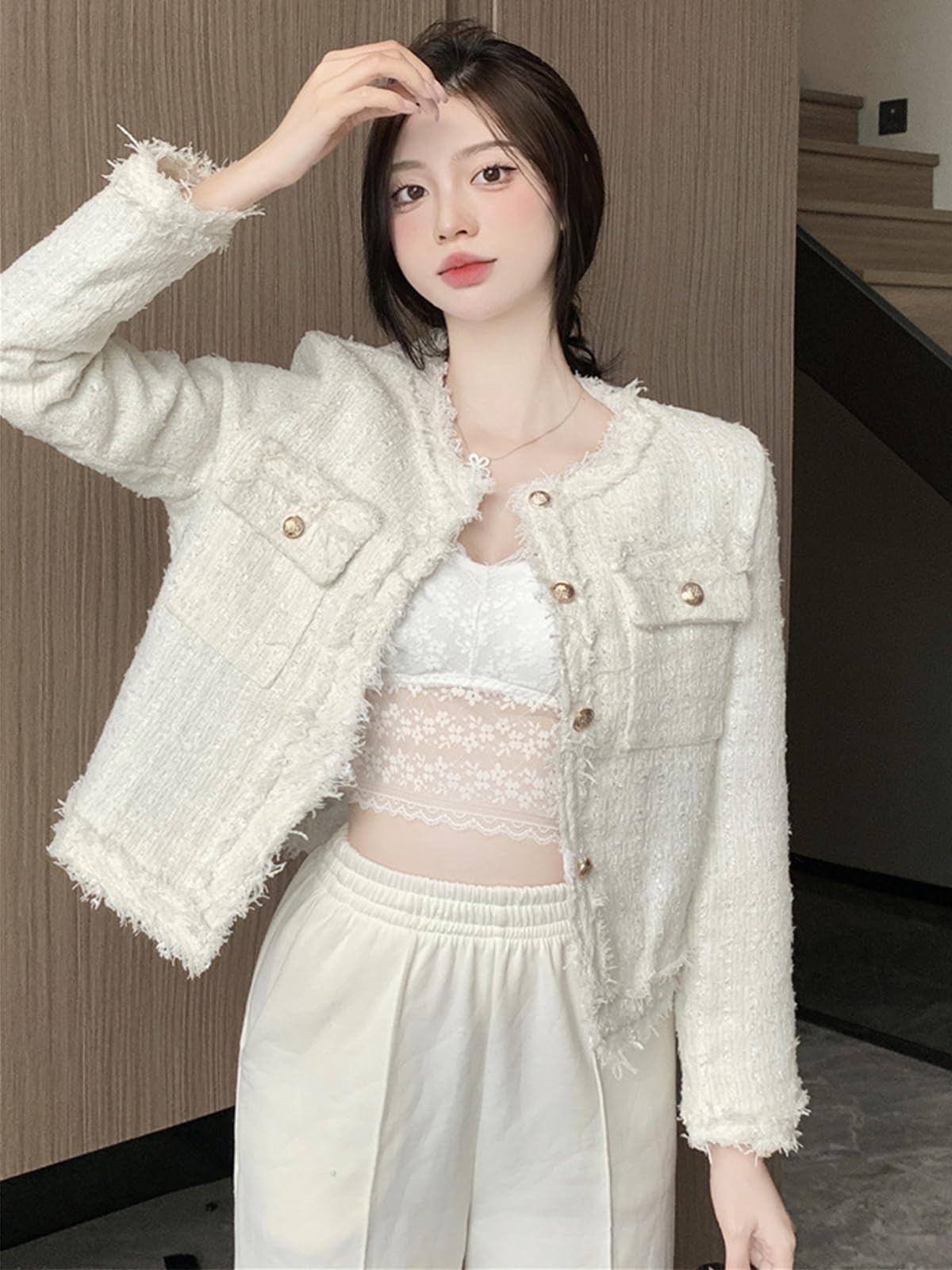 Elegant Women's Plaid Tweed Blazer - Long Sleeve Cropped Jacket for Office Work | Open Front Design, Professional Business Attire, Perfect for Meetings, Interviews and Corporate Events