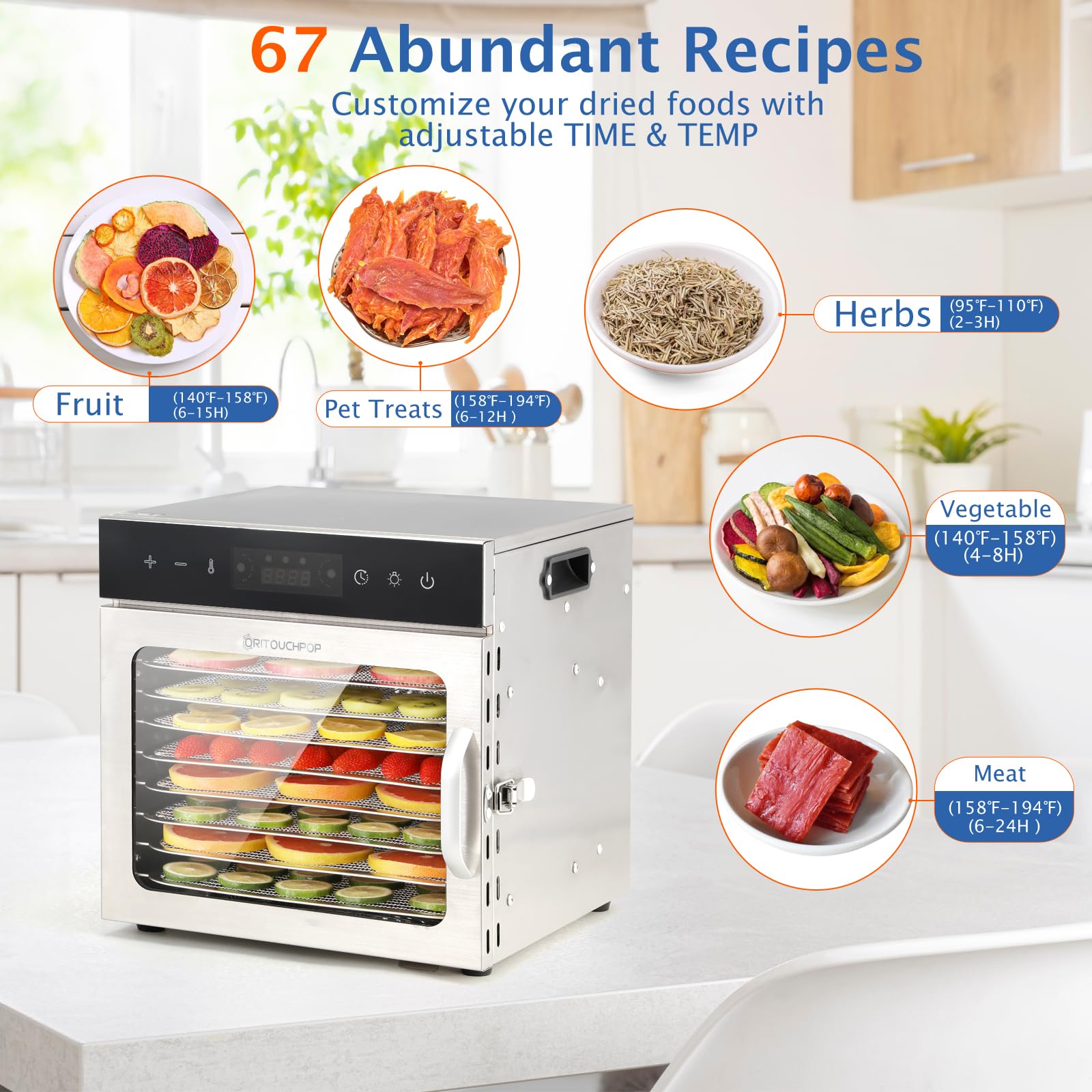 8-Tray Stainless Steel Food Dehydrator with Precise 194°F Temperature Control & Touch Timer - Perfect for Making Beef Jerky, Dried Fruits, Dog Treats, Herbs, Veggies & Healthy Snacks - Ideal for Home Kitchen, Camping & Meal Prep