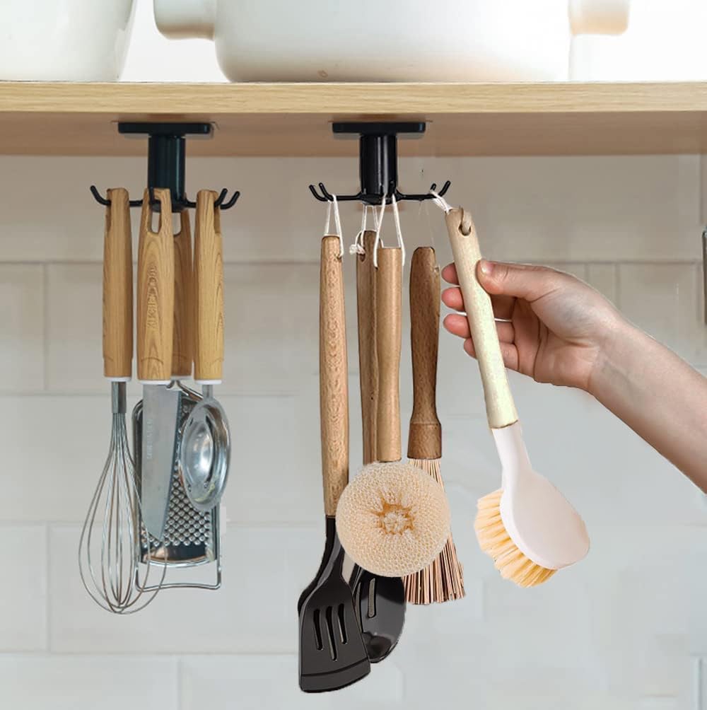2pcs 360° Rotating Under Cabinet Kitchen Utensil Rack, Adhesive Utility Hooks for Tools Storage, Black - Perfect for Small Kitchen Organization
