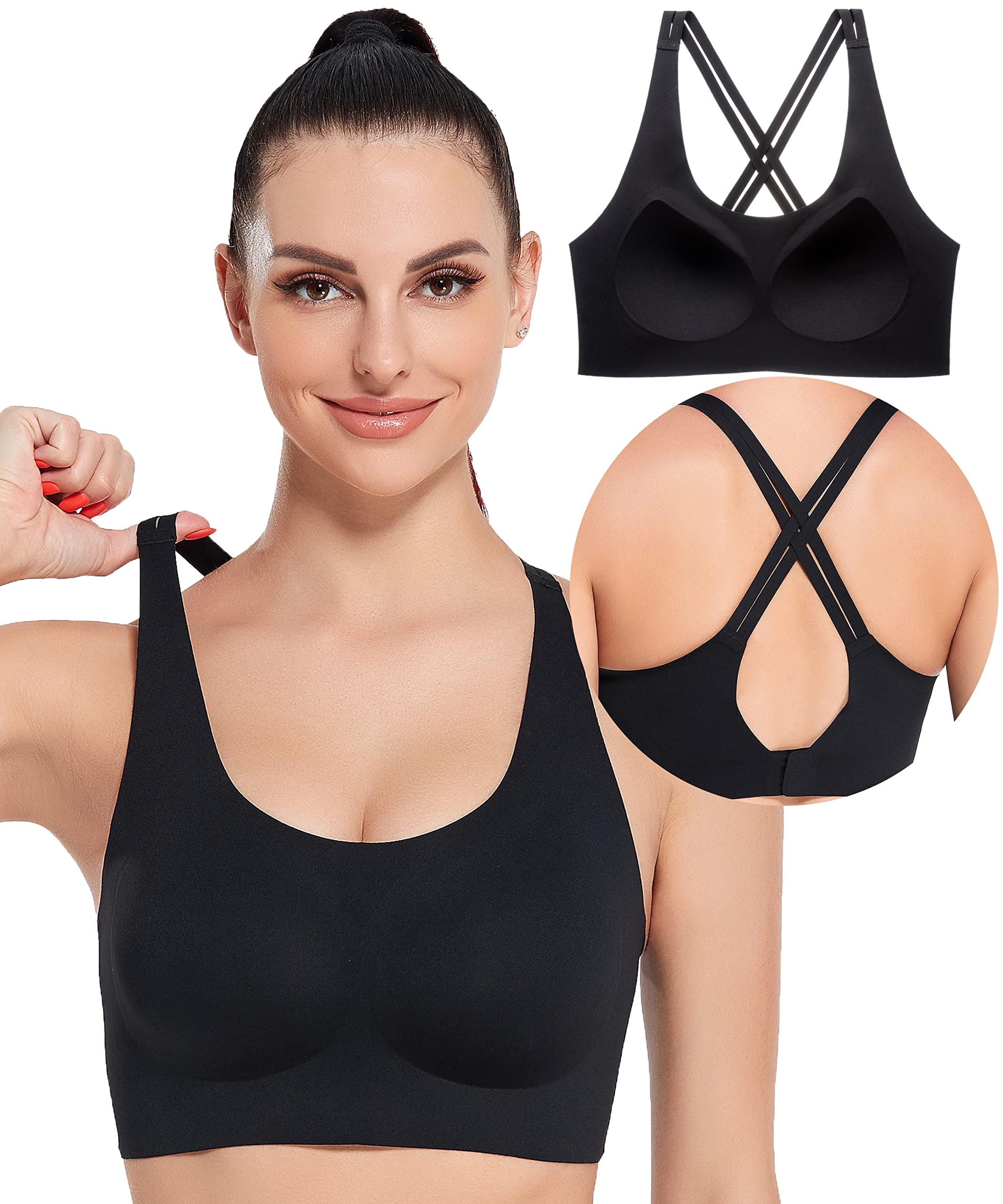 PRETTYWELL Women's Molded Cup Sports Bras - Cross Back Wirefree Comfort Bras for A to D Cup - Mid Impact Workout Bra for Yoga, Gym & Running
