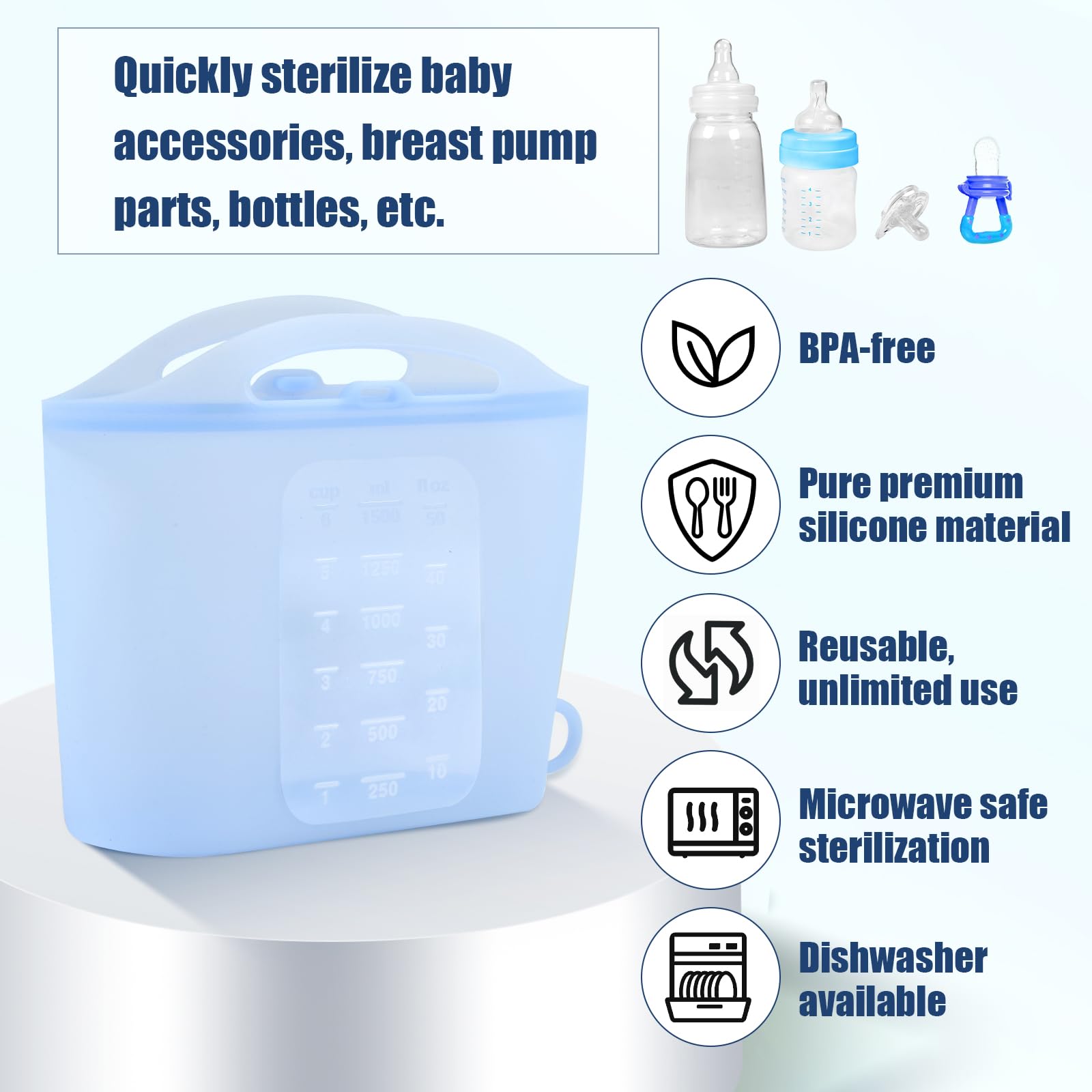1.5L Reusable Microwave Sterilizer Bags for Baby Bottles, Pacifiers & Breast Pump Parts - BPA-Free Silicone Sterilization Pouches for Home & Travel Use (Blue) | Perfect for Busy Moms & On-The-Go Sterilization