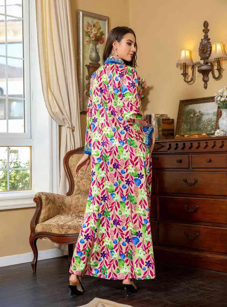 Elegant Hotfix Rhinestone Flower Printed Kaftan Dress - Eid Jalabiya Abaya for Women | Perfect for Eid Celebrations, Weddings & Special Occasions