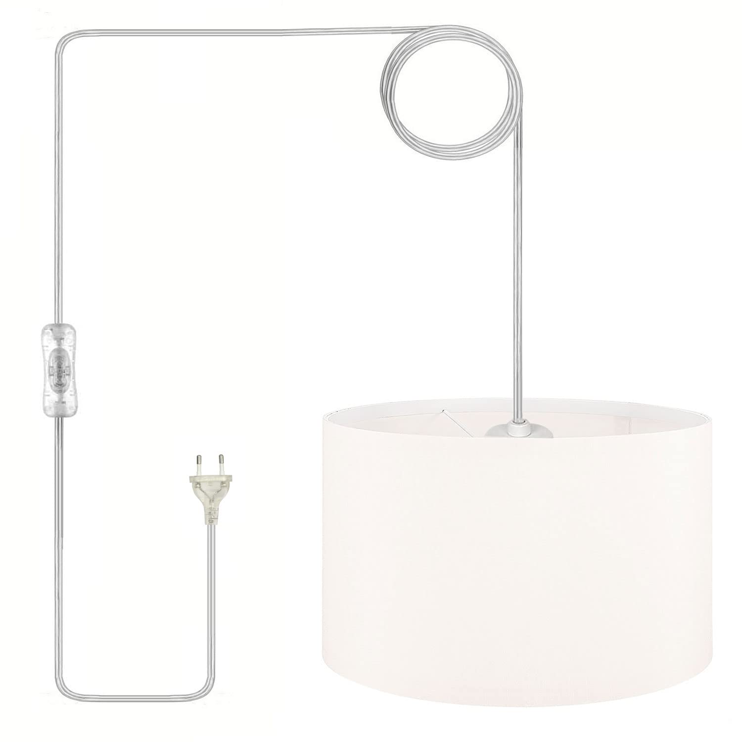 Vintage Plug-in Pendant Light with 15Ft Clear Cord & On/Off Switch - DIY White Fabric Lampshade Hanging Light Fixture for Kitchen Island, Dining Table, Living Room, Bedroom - Perfect for Farmhouse, Industrial & Modern Home Decor