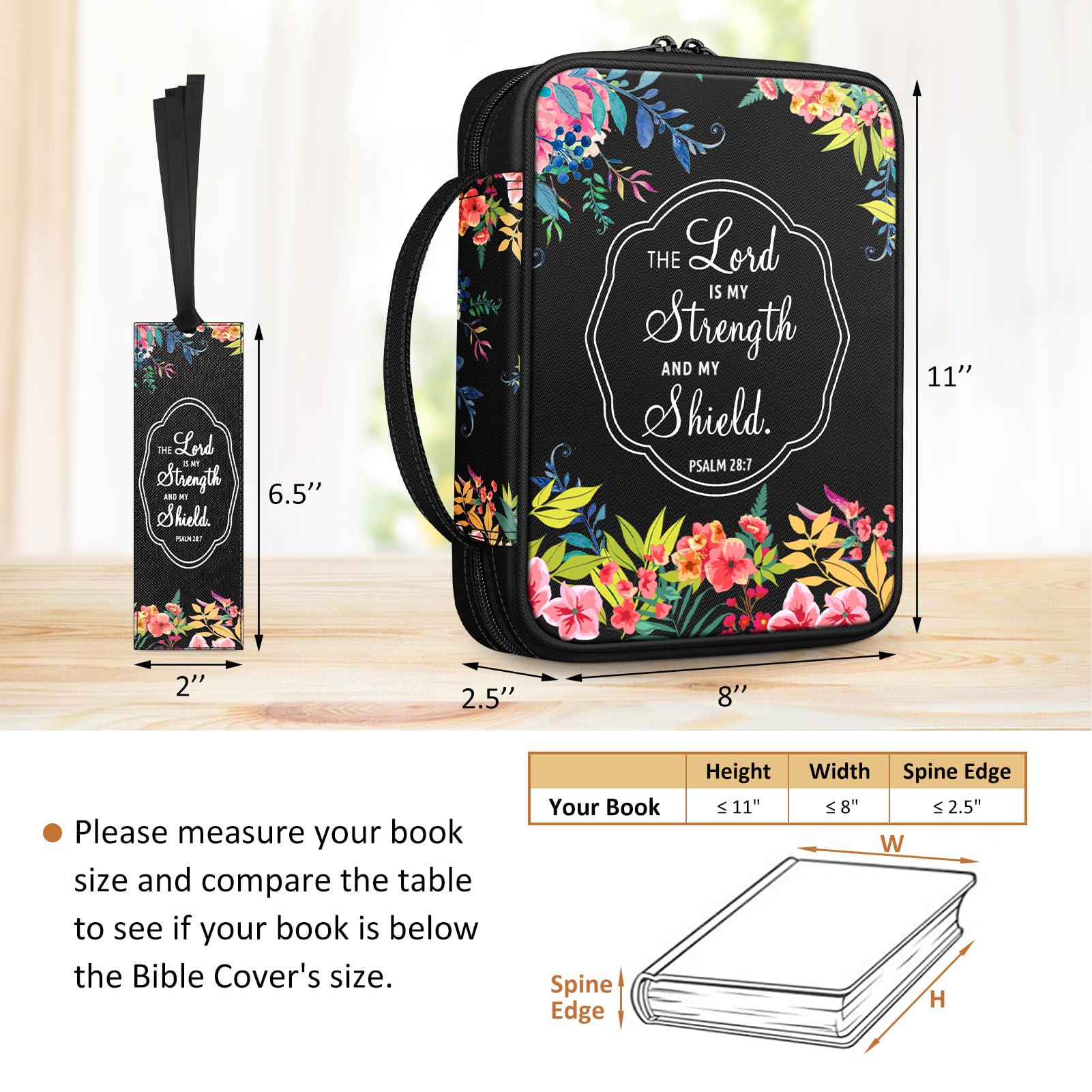 FINPAC Bible Cover with Handle & Zippered Pocket - Floral Black Protective Book Case for Church, Travel & Daily Use - Perfect Gift for Women, Men & Mother - Bible Carrying Bag for Study, Worship & Religious Events