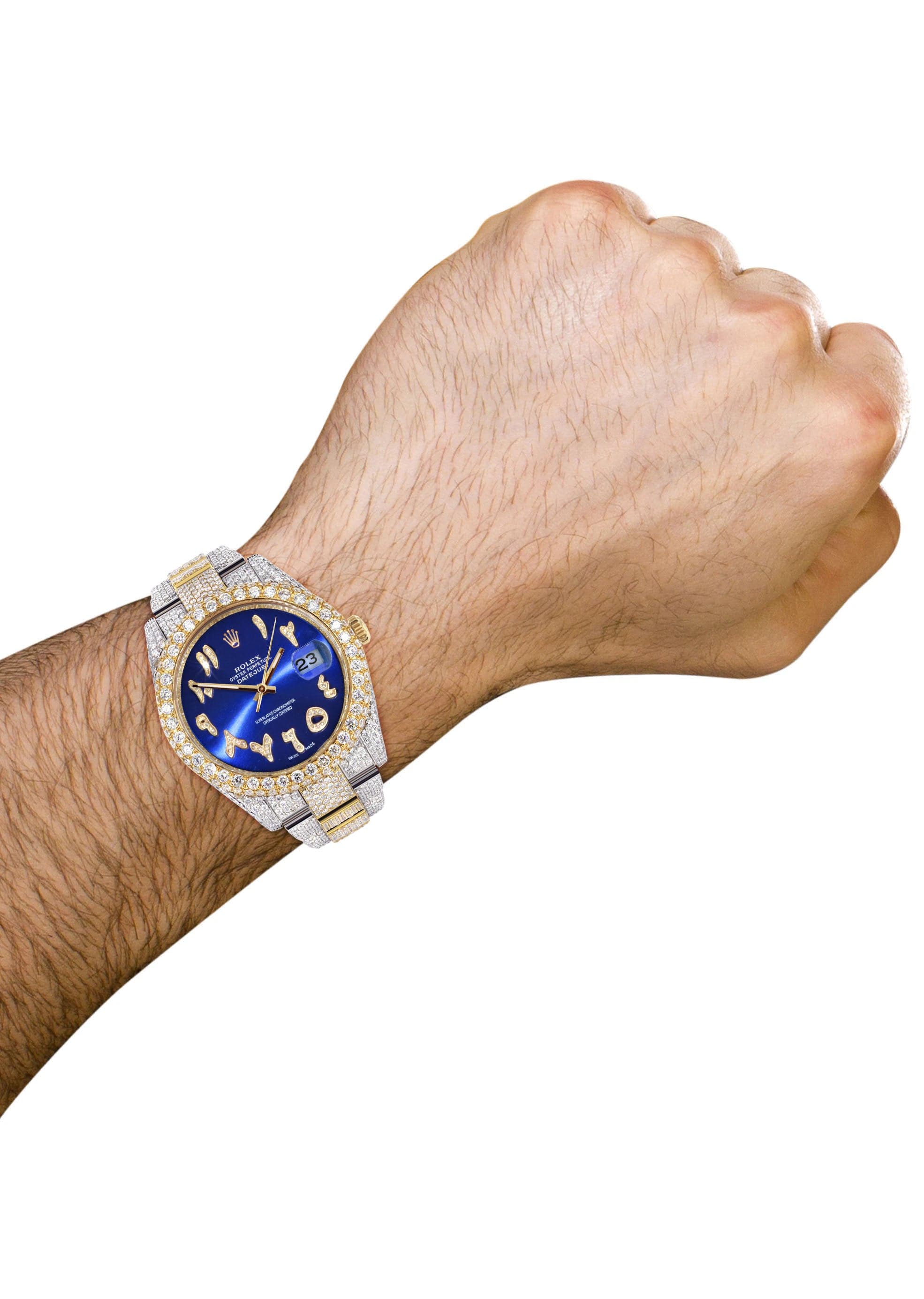 Luxury Diamond Iced Out Rolex Datejust 41 Watch - 25 Carats Genuine Diamonds | Custom Blue Arabic Numeral Dial | Two-Tone Stainless Steel & Gold | Oyster Bracelet | Perfect for Gifts, Special Occasions & Luxury Fashion Statements