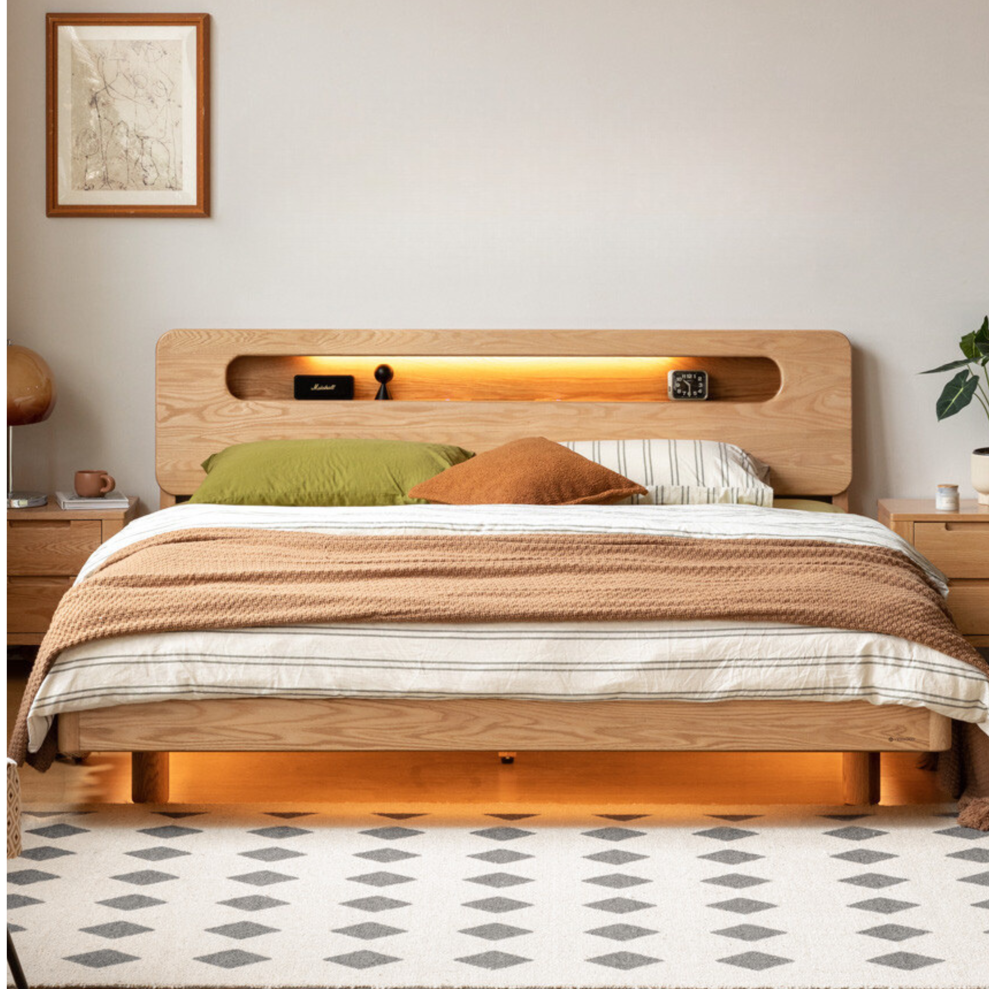 Solid Oak Wood Suspension Luminous Bed - Modern Floating Platform Bed with LED Lighting for Bedroom, Guest Room, or Dorm